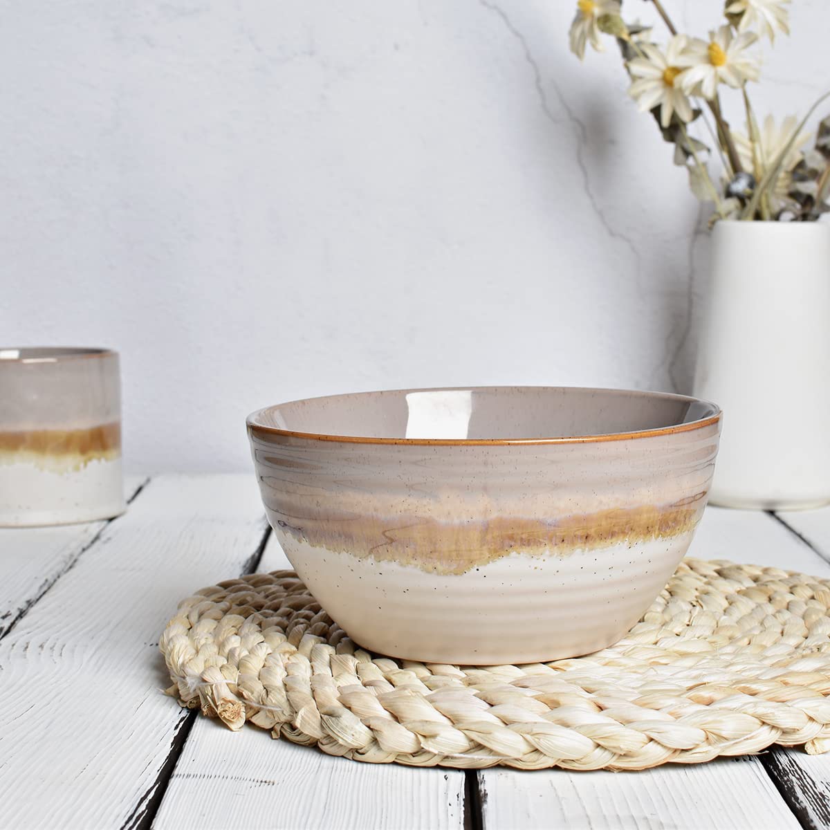 Bosmarlin 26 Oz Ceramic Cereal Bowl Set of 4 - Microwave & Dishwasher Safe Soup Bowls for Oatmeal, Salad, Pasta - Reactive Glaze Brown (6 Inch) - Perfect for Breakfast, Family Dinners & Restaurant-Style Serving