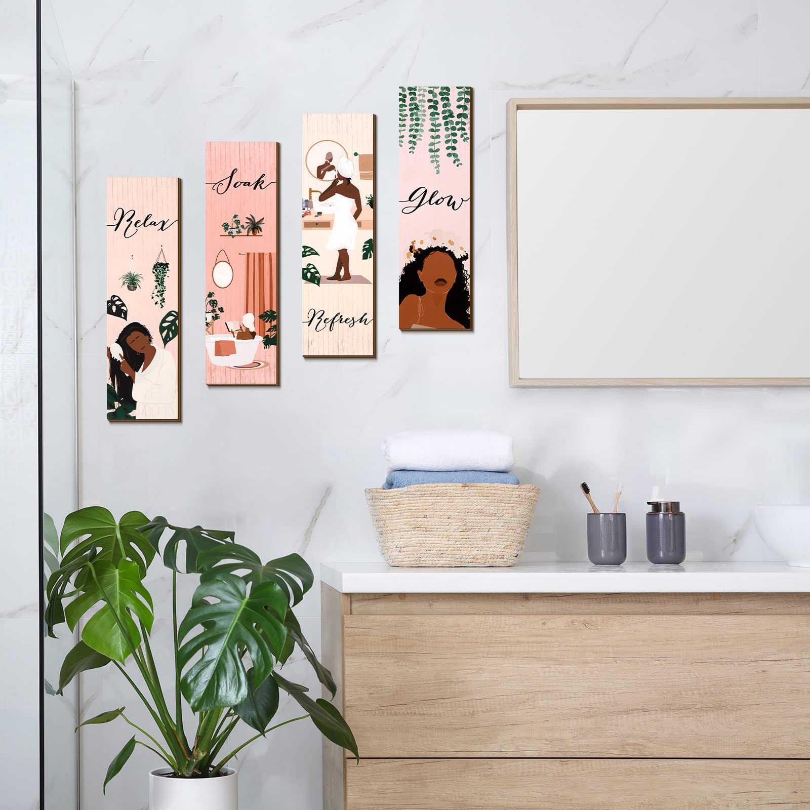 4-Piece Boho Pink Bathroom Wall Decor Set - African American Women Wood Plaque Art Prints for Home, Girls Room & Spa Decor - Perfect for Bathroom, Bedroom & Living Room Wall Hanging