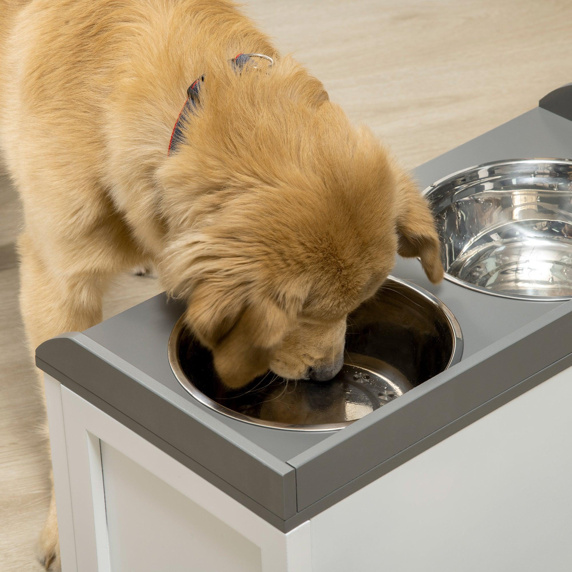 Premium Elevated Dog Feeding Station with Storage Drawer - 2 Removable Stainless Steel Bowls for Large Dogs - White Pet Food Storage Cabinet - Perfect for Kitchen, Laundry Room or Mudroom Organization