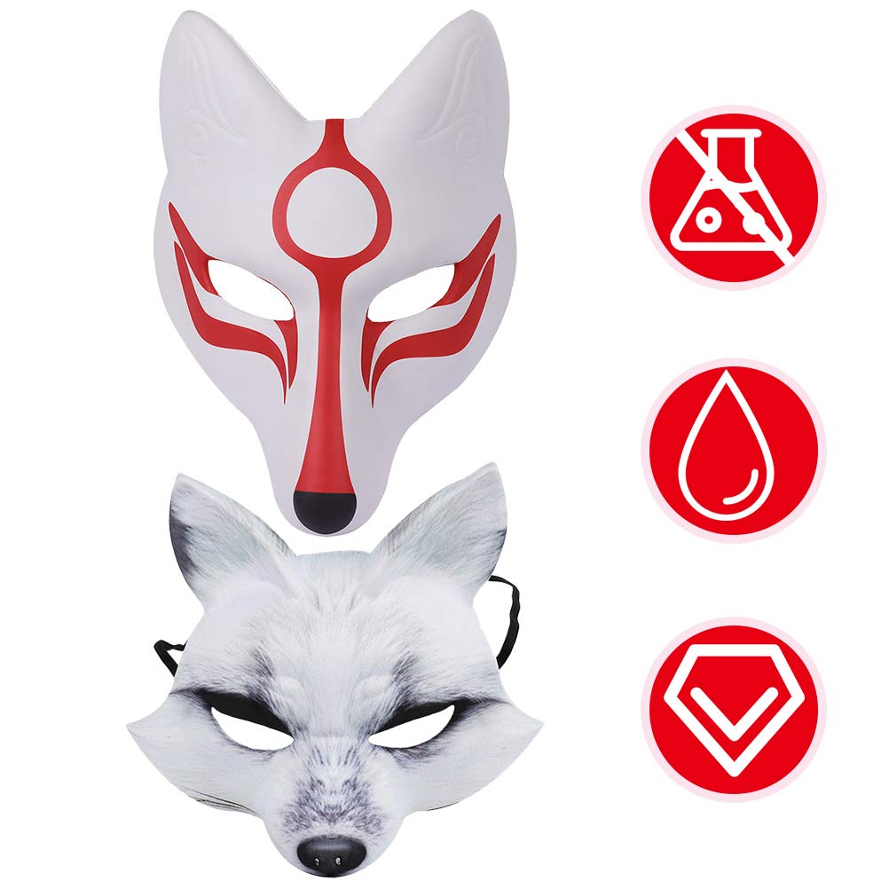 2PCS Halloween Fox Mask - White & Red Animal Cosplay Mask for Dance Party, Masquerade, Prom, Japan Festival | Perfect for Halloween Costume, Cosplay Events & Themed Parties