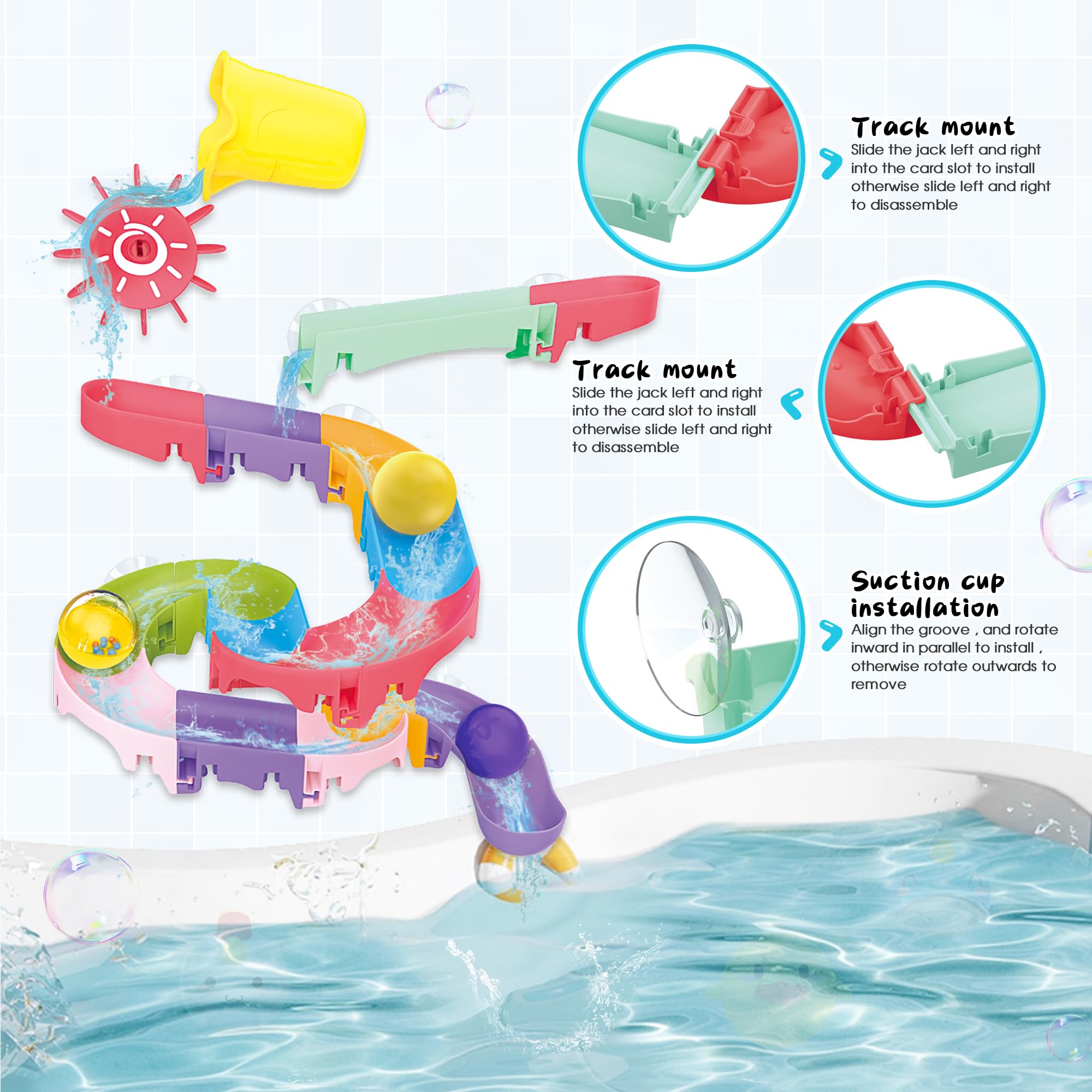 Taseyok Toddler Bath Toys for Kids - DIY Bathtub Toys with Suction Cups, Fun Baby Shower & Bath Time Slide Track Toys - Perfect Birthday Gift for Boys & Girls Ages 3-7 - Great for Sensory Play & Water Learning Activities