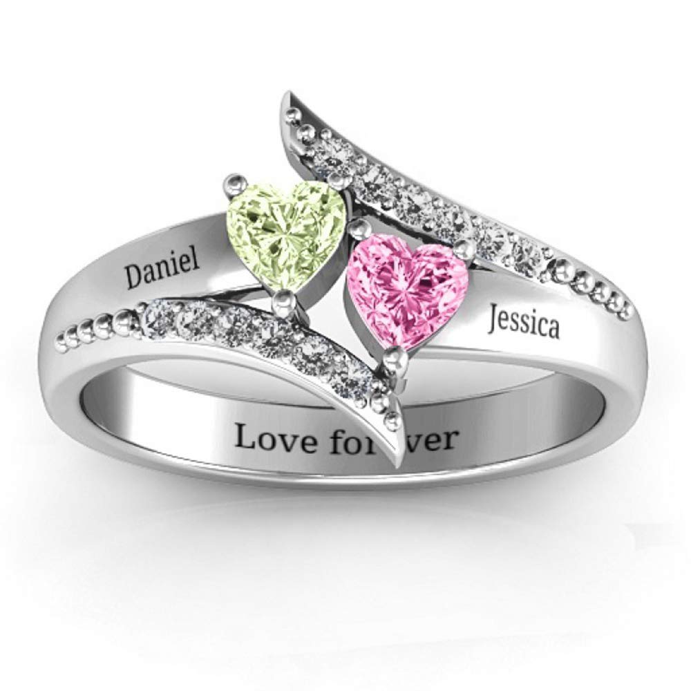 Custom Personalized Mother's Rings with 2 Simulated Birthstones - Sterling Silver Name Rings for Women | Engraved Promise & Engagement Jewelry Gift for Mom, Anniversary, Birthday