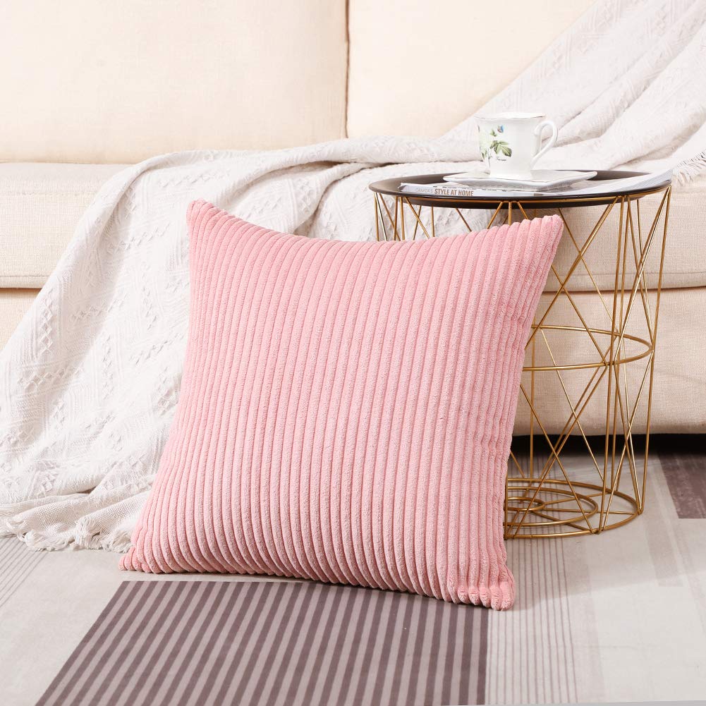 Artscope Cozy Striped Corduroy Pillow Covers 18x18 Inches - Super Soft Decorative Square Throw Pillow Cases for Sofa, Couch, Bedroom & Car - Pink Home Decor for Living Room, Nursery & Office