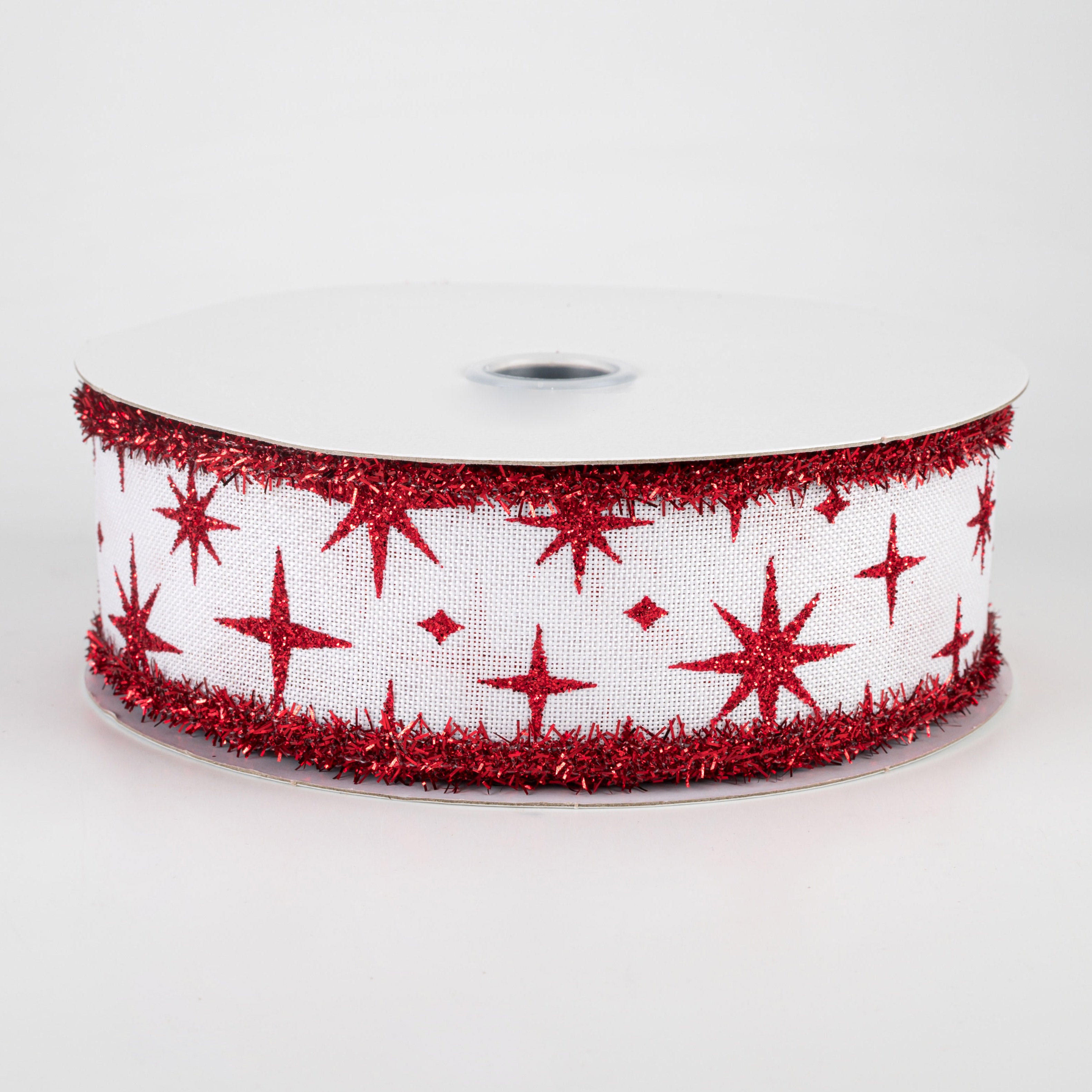 1.5 Inch Retro Stars Tinsel Edge Ribbon - White & Red Christmas Decoration Ribbon (10 Yards) for Gift Wrapping, Tree Trimming and Holiday Crafts