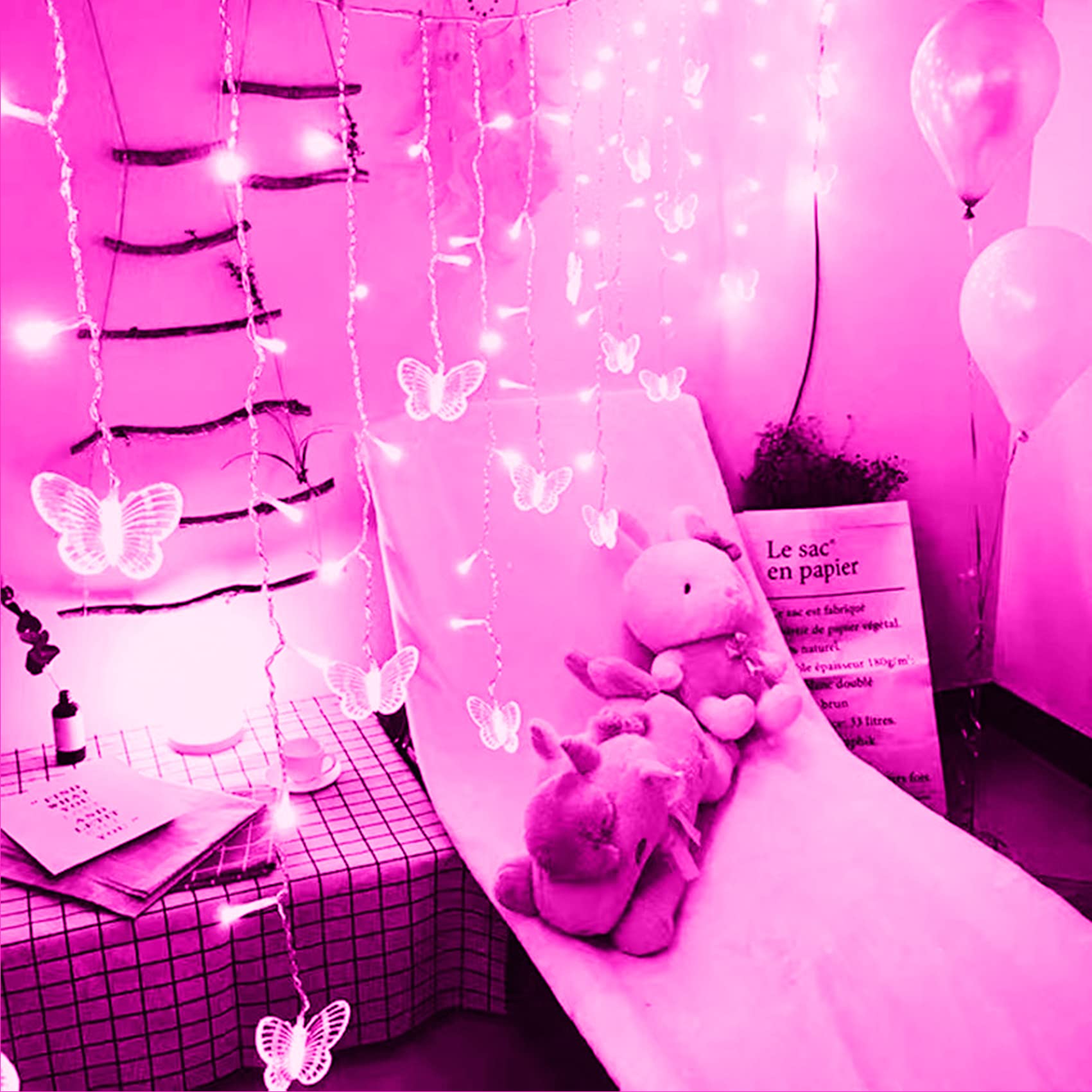 Butterfly Fairy String Lights - 120 LED 19.7FT USB Twinkle Lights with Remote, 8 Lighting Modes & Timer, Waterproof Copper Wire for Bedroom, Patio, Christmas, Wedding, Party, Dorm Decor - Pink