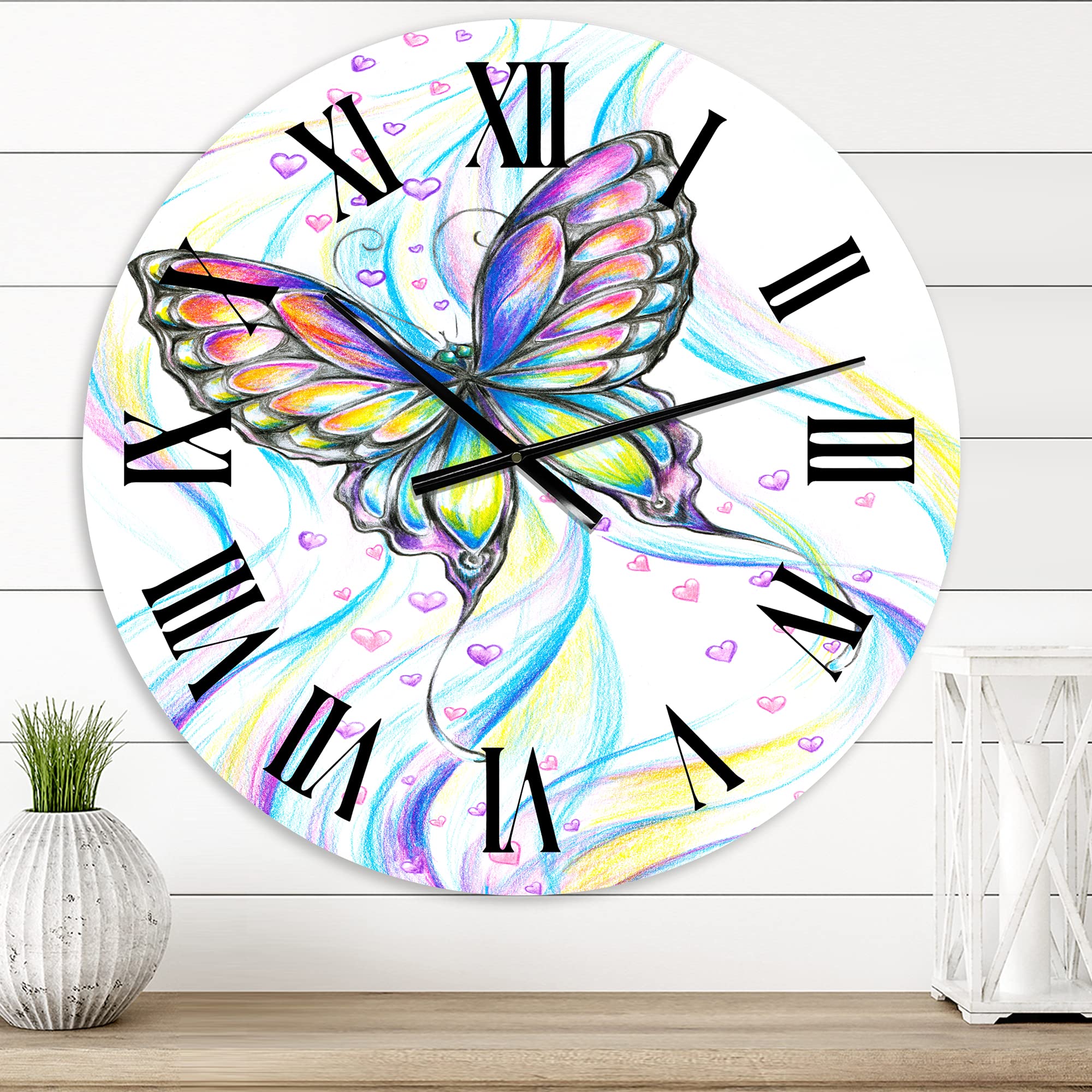 DesignQ Iridescent Butterfly Large Wall Clock - Traditional Decorative Clock for Living Room, Bedroom & Office - Perfect Home Decor Gift for Nature Lovers