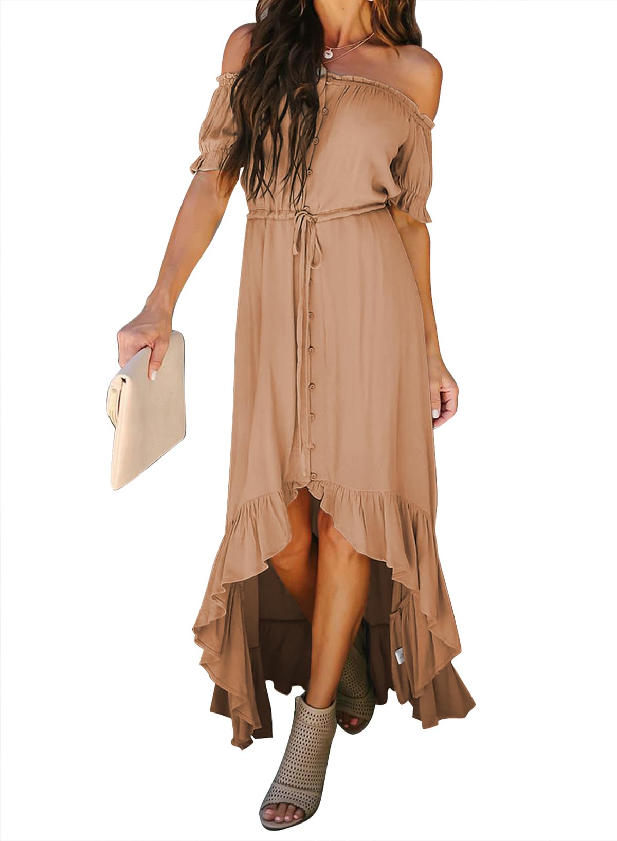 Dokotoo Women's 2025 Off-Shoulder Casual Short Sleeve High-Low Maxi Dress - Solid Color Cocktail Skater Dress for Summer Beach, Party & Vacation
