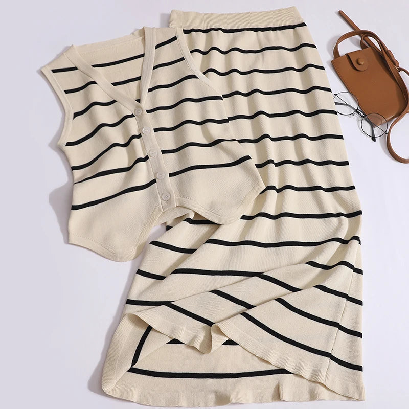 Black Beige Patchwork Stripe Two Piece Set - Women's Summer V Neck Sleeveless Vest Top with Elastic Waist Long Skirt | Casual Outfit for Beach Vacation, Date Night & Summer Parties