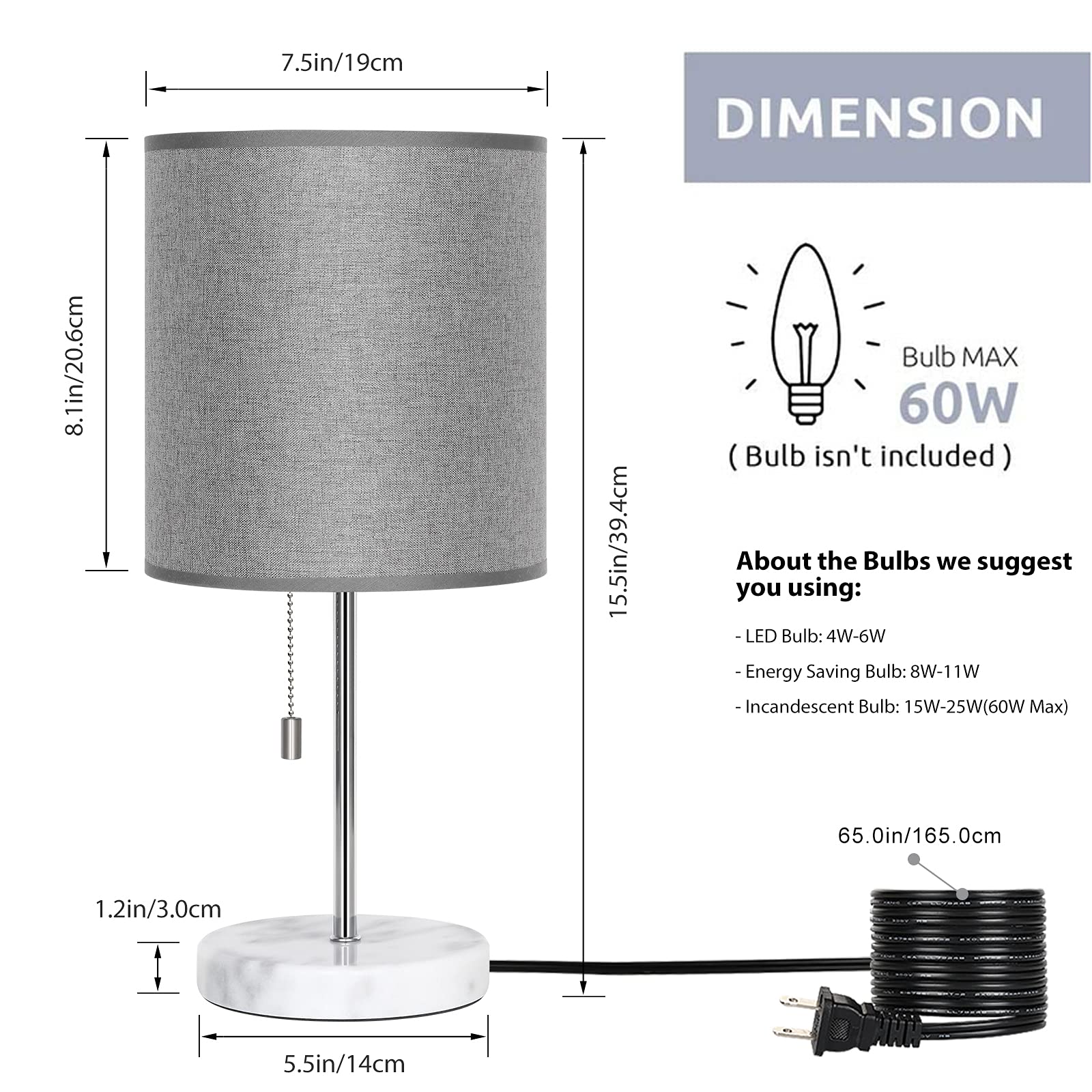 HAITRAL Marble Base Bedside Table Lamp with Grey Fabric Shade - Stylish Nightstand Lamp for Bedroom, Living Room, Office, Kids Room - Perfect for Reading, Relaxing, and Decorating