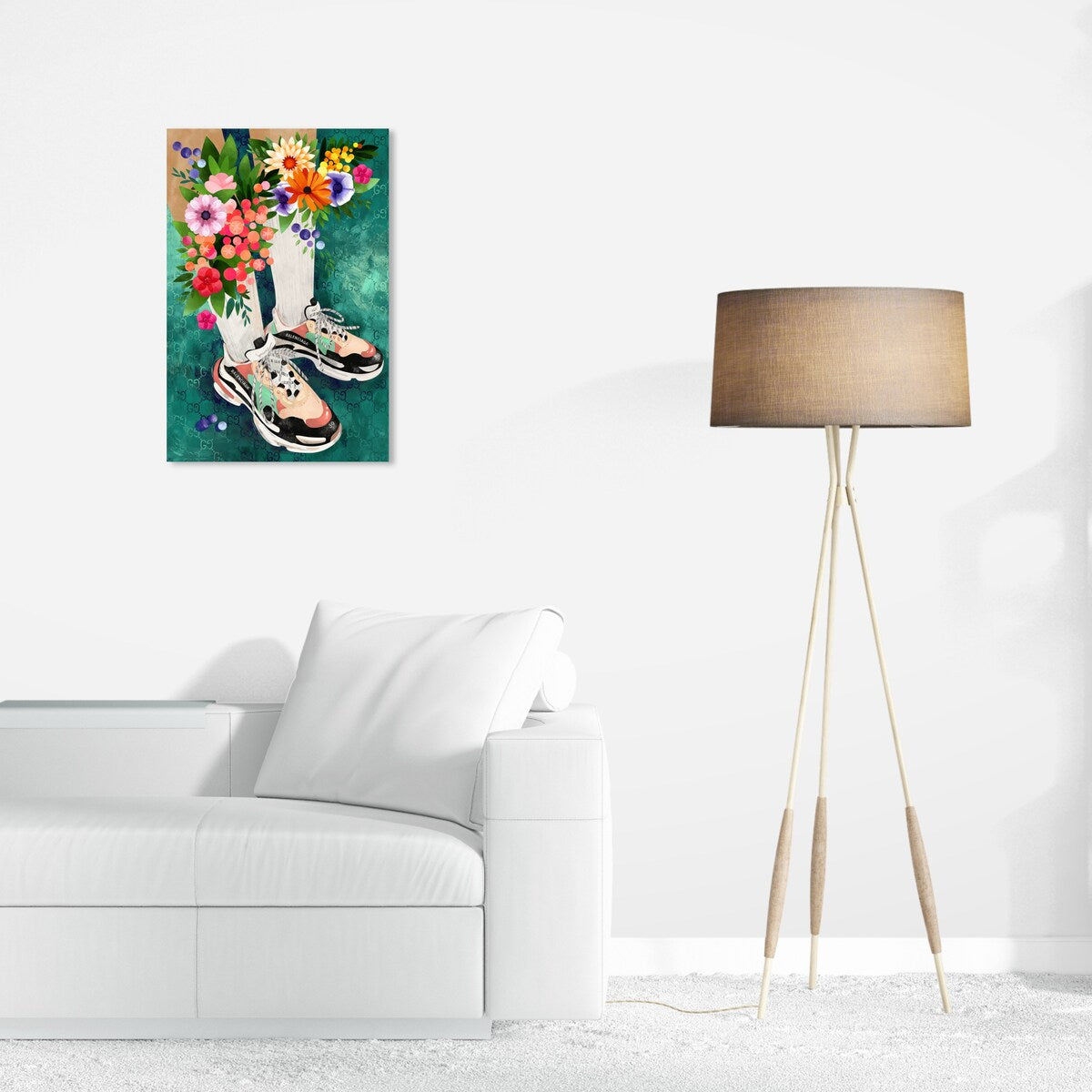 Stylish Floral Sneakers & Socks Set - Modern Green Canvas Wall Art Print for Bedroom Decor | Trendy Outfit Combo for Women, Fashionable Home & Office Wear