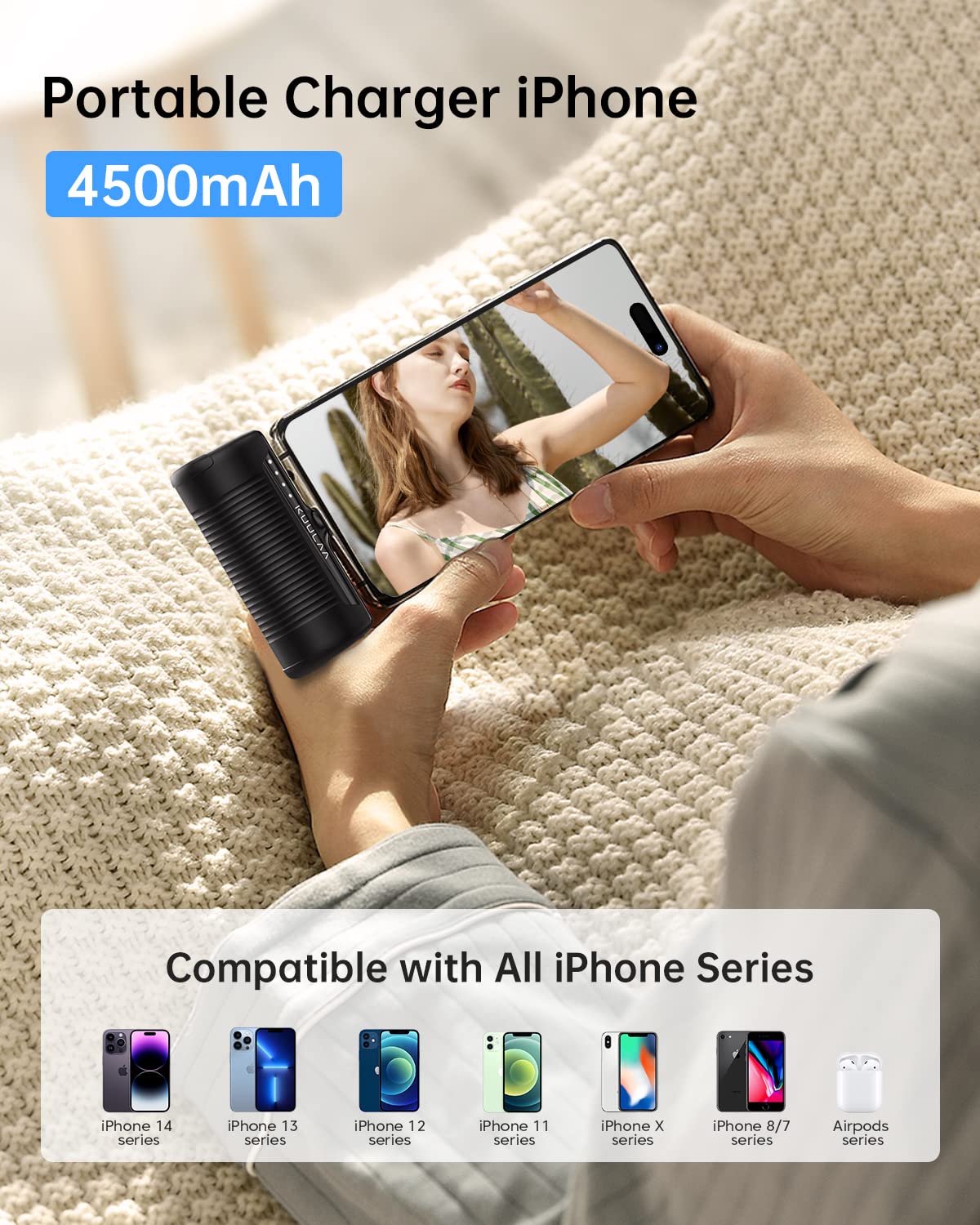 Kuulaa 4500mAh Portable Charger with Built-in Lightning Cable - Compact Power Bank for iPhone 14/13/12 Series (14 Pro/Pro Max/Plus) - Fast Charging External Battery for Travel, Camping & Emergency Backup (Black) | Perfect for Outdoor Adventures, Business Trips & Daily Commute