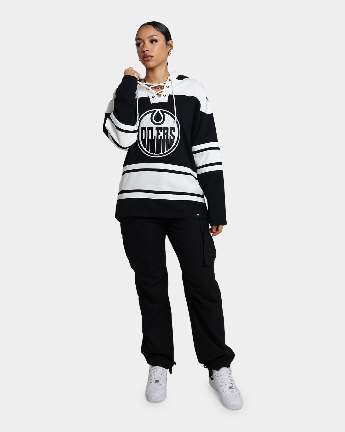 47 Brand Edmonton Oilers Superior Lacer Hoodie - Jet Black NHL Fan Apparel for Men & Women - Cozy Winter Pullover for Game Day & Casual Wear