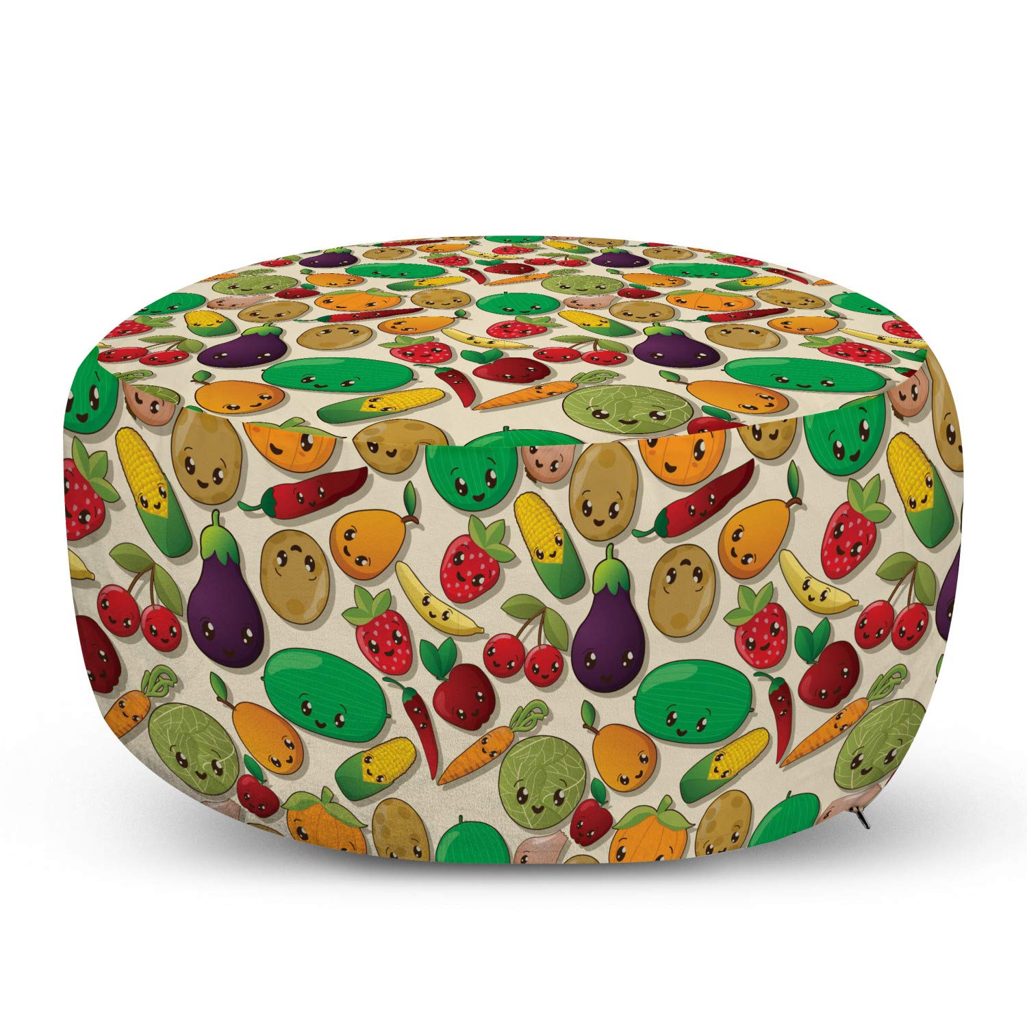 Ambesonne Anime Ottoman Pouf with Cute Vegetable & Fruit Characters - Soft Foot Rest Stool with Removable Cover for Living Room, Bedroom & Dorm Decor - Kawaii Healthy Food Theme Home Accessory