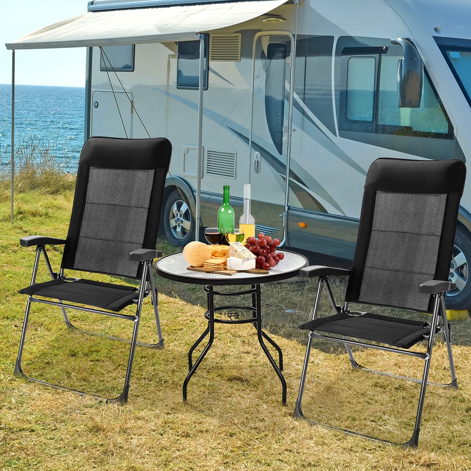 Goplus Folding Patio Sling Chairs Set of 4 - Portable Outdoor Dining Chairs with Adjustable Headrest & 7-Level Reclining Backrest - Perfect for Camping, Backyard, Garden, and Poolside Relaxation