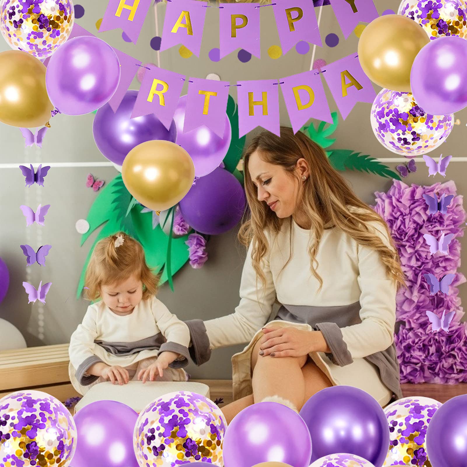 Ouddy Purple & Gold Birthday Party Decorations - Butterfly Hanging Garland, Circle Dot Banner, Balloons & Paper Flowers for Women's Birthday Cake Toppers | Perfect for Indoor/Outdoor Birthday Celebrations, Baby Showers & Special Events