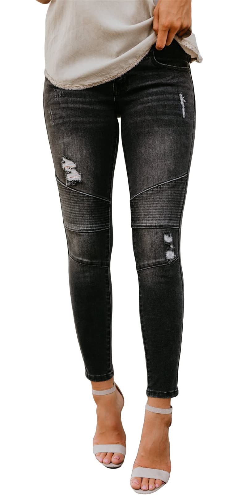Recious Women's Sexy Moto Biker Leggings - Stretchy Skinny Denim Pants for Yoga, Workout & Casual Wear | High Waisted Tummy Control Jeans