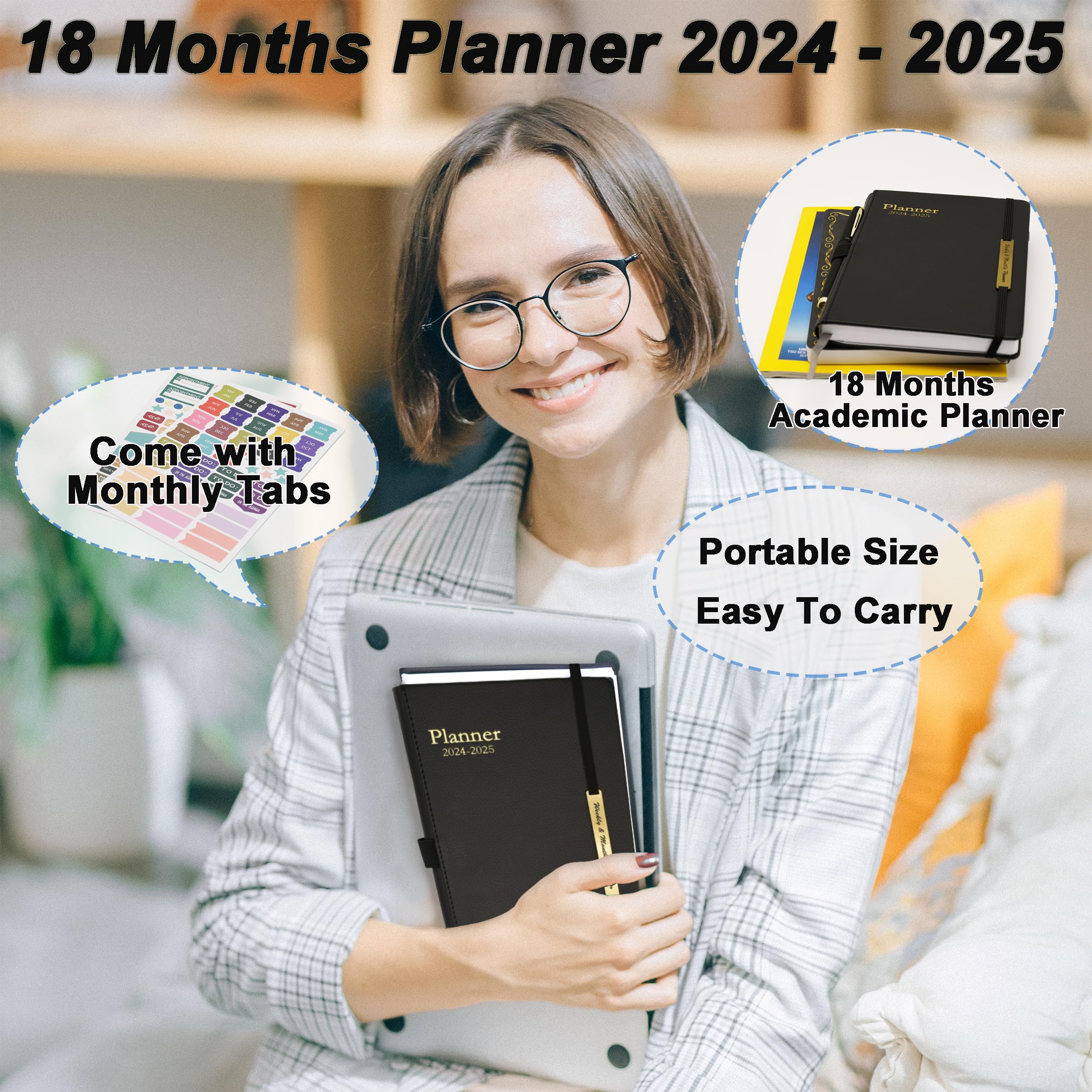 2024-2025 Academic Planner | 18-Month Weekly & Monthly Planner (July 2024-Dec 2025) | Hardcover A5 Organizer with Tabs, Inner Pocket & Thick 100GSM Paper | Perfect for Students, Professionals & Goal Tracking | Black Daily Planner for School, Office & Personal Productivity
