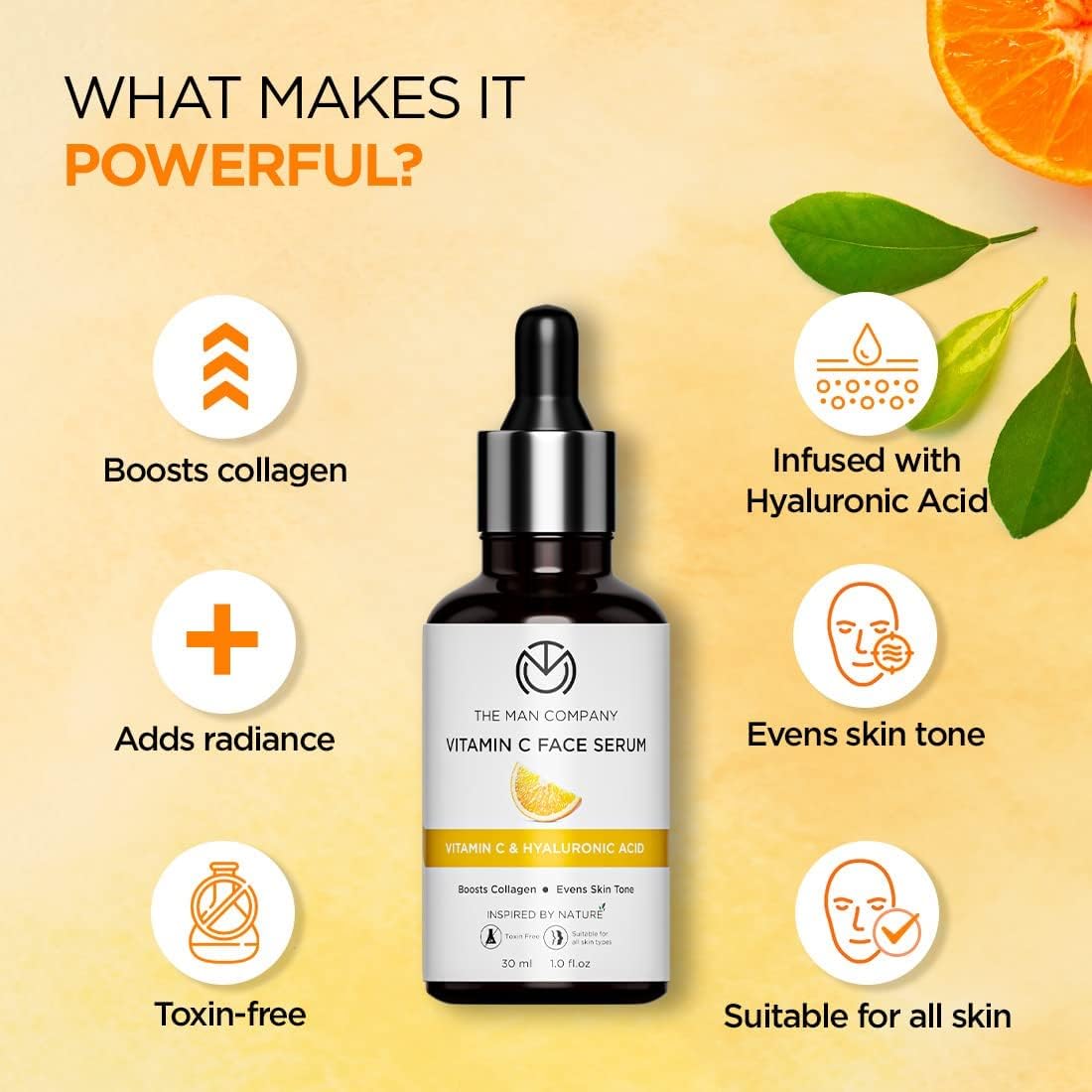 The Man. Company 40% Vitamin C Face Serum with Hyaluronic Acid & Collagen Boost - Brightening, Glowing Skin Treatment for Soft, Smooth & Supple Complexion - Suitable for All Skin Types (30ml) | Daily Skincare Routine & Anti-Aging Solution