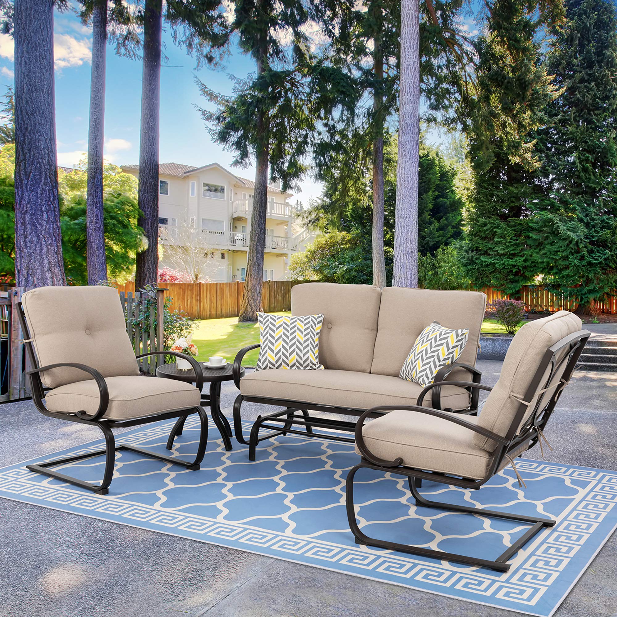 4-Piece Outdoor Patio Furniture Set with Glider Loveseat, Coffee Table & 2 Spring Chairs - Wrought Iron Frame with Beige Cushions for Garden, Backyard & Outdoor Relaxation | Perfect for Patio Conversations, Porch Lounging and Garden Gatherings