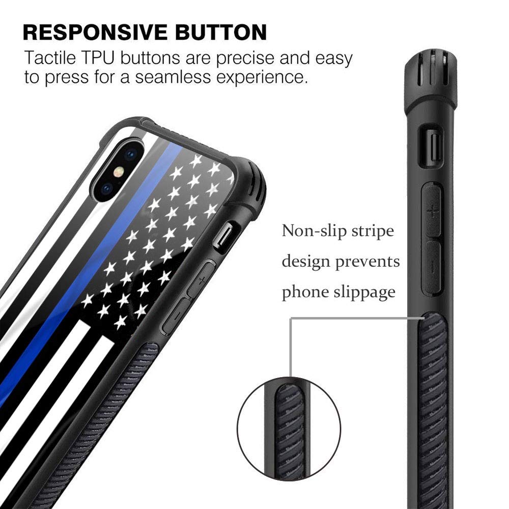 American Flag iPhone Xs Max Case - Blue Line Design with Tempered Glass Back & Soft Silicone TPU Shock Protection | Durable Cover for Everyday Use, Travel & Outdoor Activities