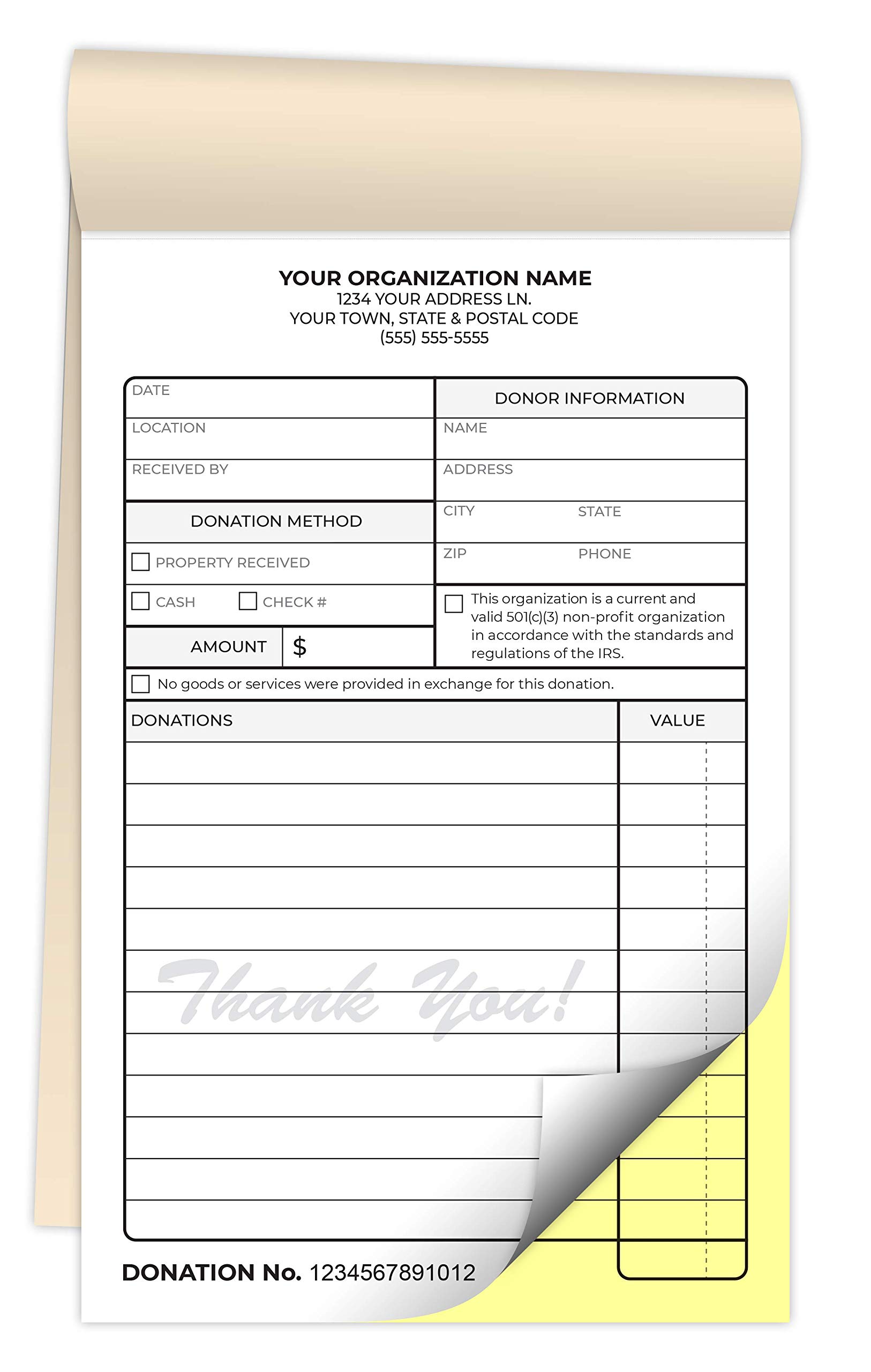 Custom Printed 4.25 x 7 inches Carbonless Non-Profit Donation Receipt Books - 2-Part NCR Staple Bound Pads with Manila Cover - Personalized with Your Company Name & Number (600 Qty) - Perfect for Churches, Charities & Tax-Deductible Donation Tracking