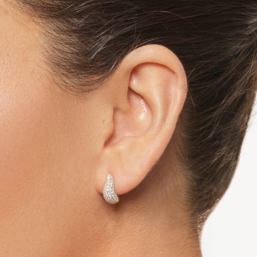 14K Gold Mini White Topaz Pave Wave Dome Huggie Earrings for Women - Elegant Everyday Wear & Special Occasions