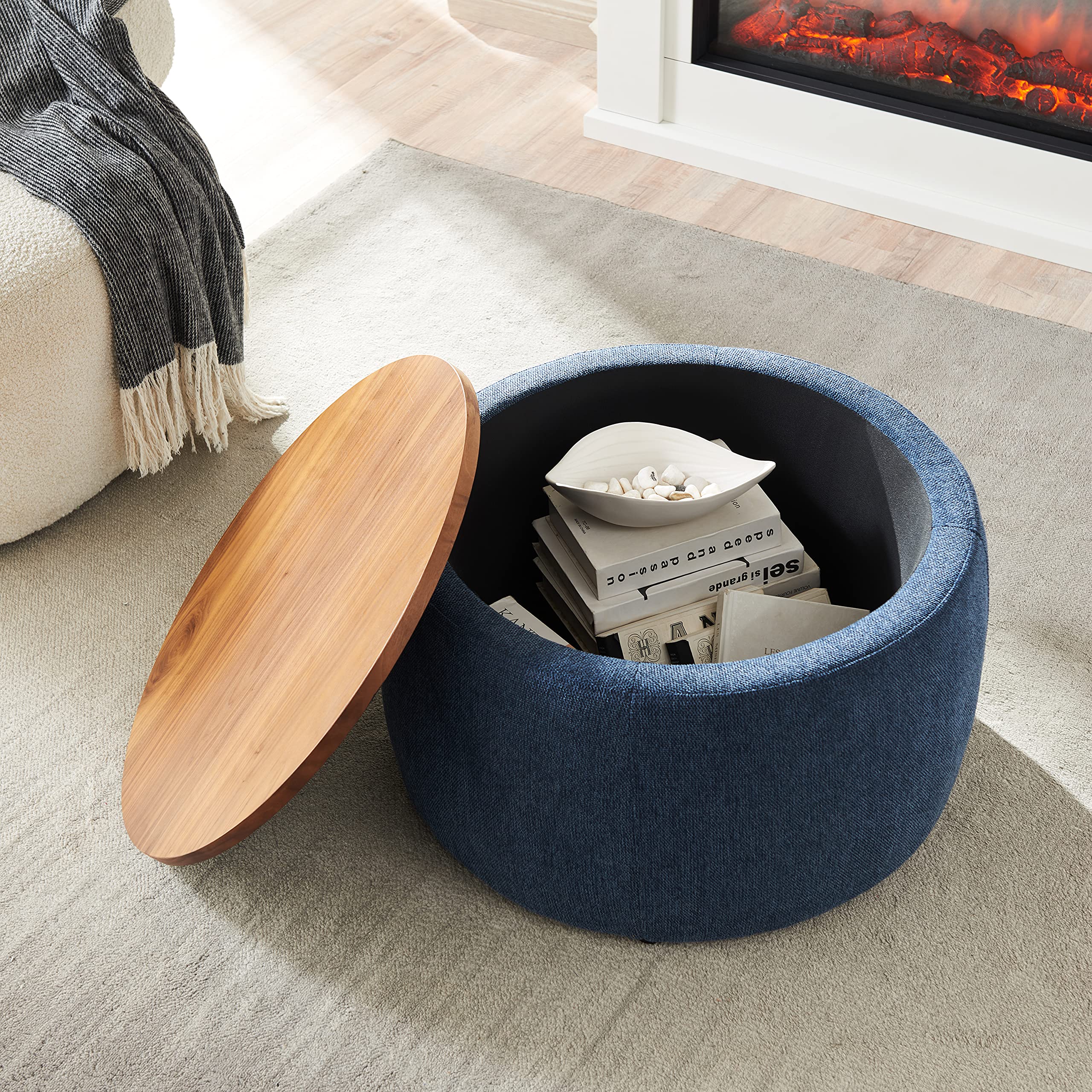 Round Storage Ottoman Coffee Table with Lift Top - Navy Blue Footstool, Side Table & End Table for Living Room, Bedroom & Dorm - Perfect for Extra Seating & Hidden Storage