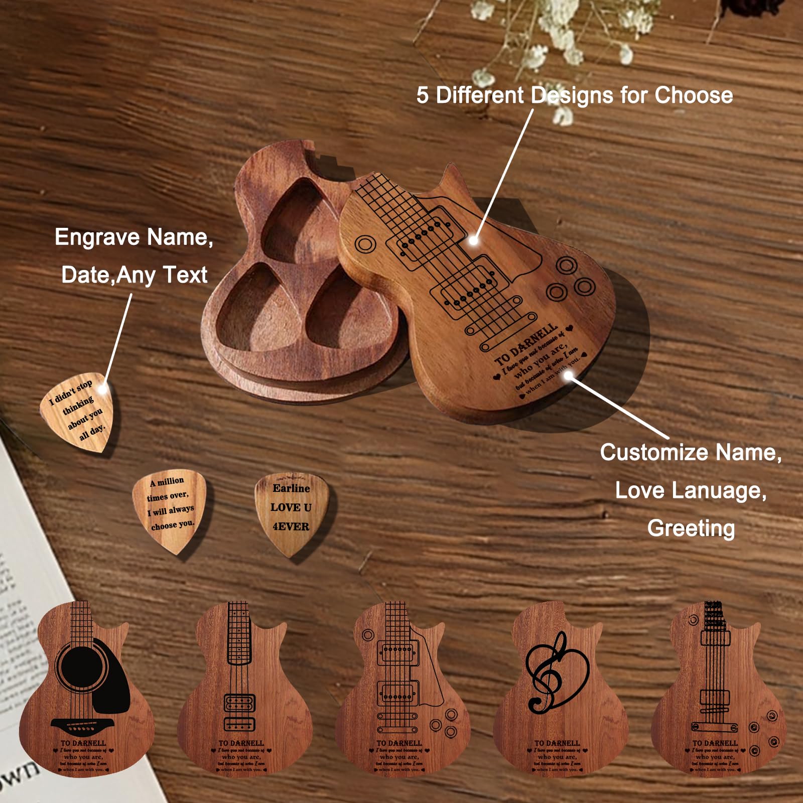 Custom Engraved Guitar Picks Set with Wooden Case - Personalized Name/Text Guitar Picks for Musicians - Perfect Christmas, Valentine's Day Gifts for Him, Her, Boyfriend, Son & Friends - Great for Guitar Players, Collectors & Music Lovers