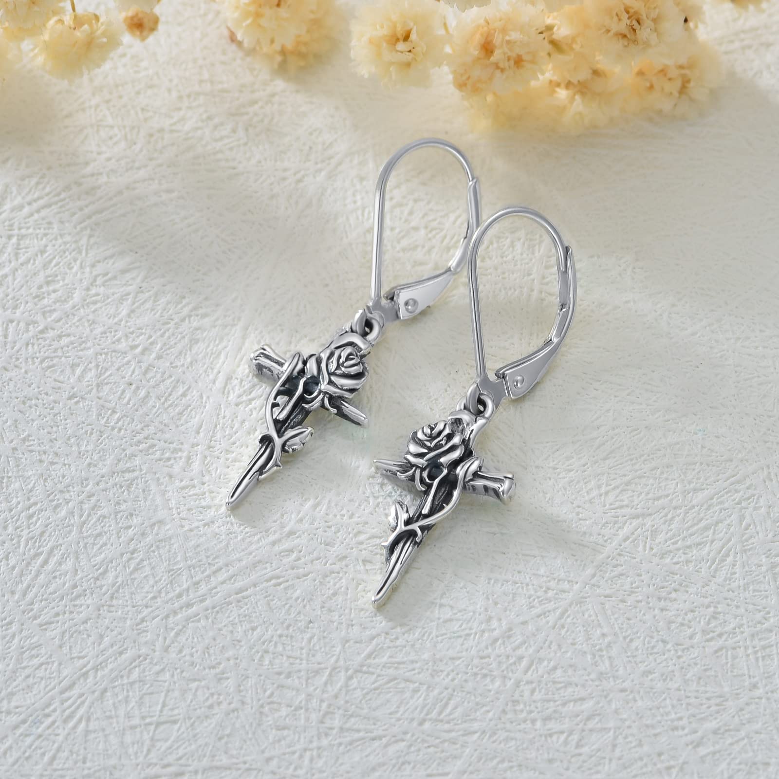 PROESS Sterling Silver Rose Cross Leverback Earrings for Women - Elegant Nail Cross Jewelry Gift for Birthday, Wedding & Everyday Wear