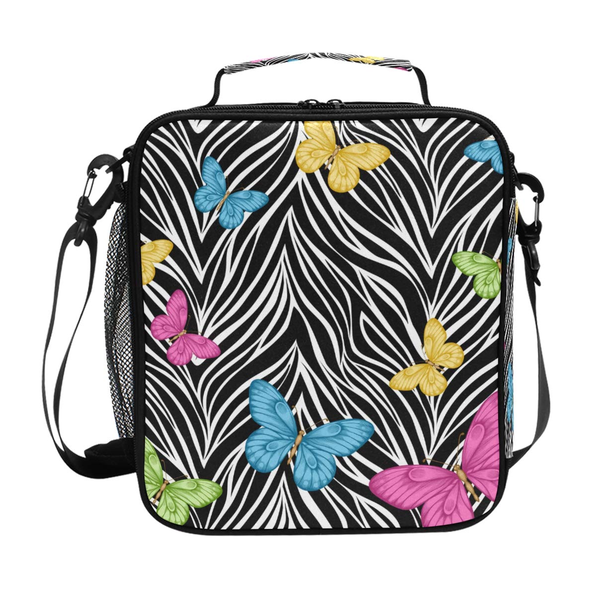 Zebra Print Insulated Lunch Bag with Shoulder Strap - Cute Butterfly Design Cooler Tote for Kids, Women & Men - Perfect for School, Work, Picnics & Outdoor Activities