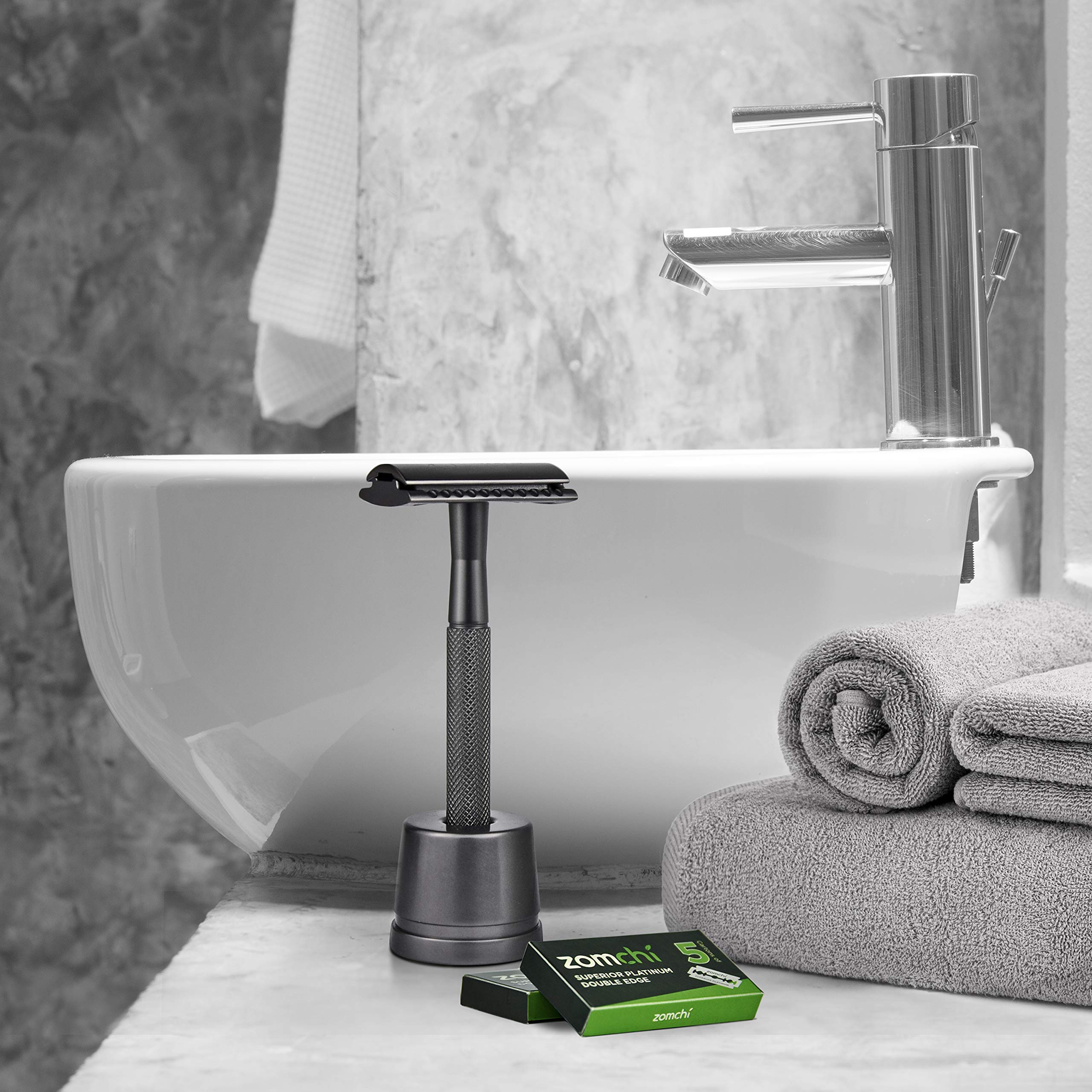 ZOMCHI Premium Double Edge Safety Razor for Men with 10 Stainless Steel Blades & Stand - Black | Smooth Shaving for Sensitive Skin, Perfect for Travel & Daily Grooming Routine