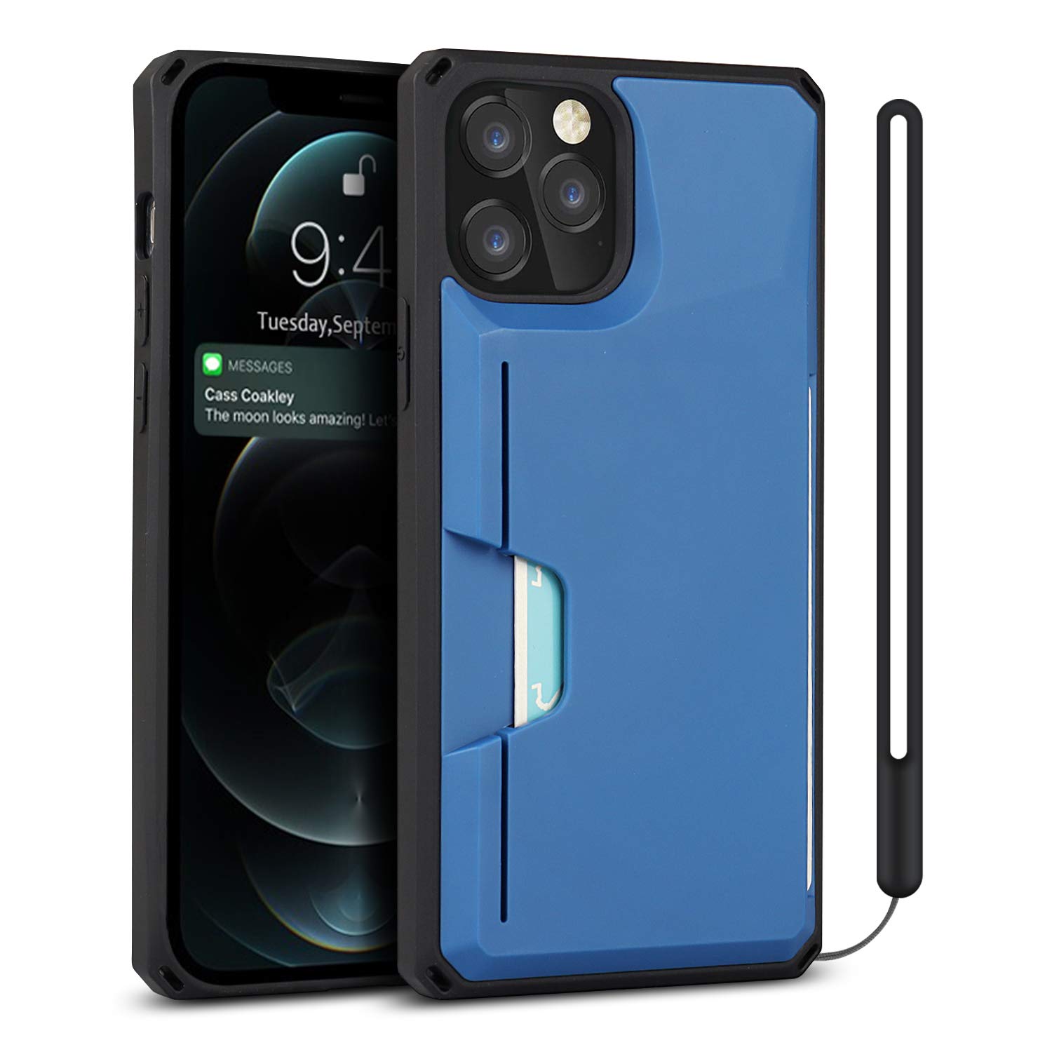 QLTYPRI Slim Wallet Case for iPhone 12 Pro Max (6.7 inch) - Blue & Black | Hard PC Back Cover with Credit Card Holder, Kickstand & Wrist Strap | Protective Phone Case for Everyday Use, Travel & Business