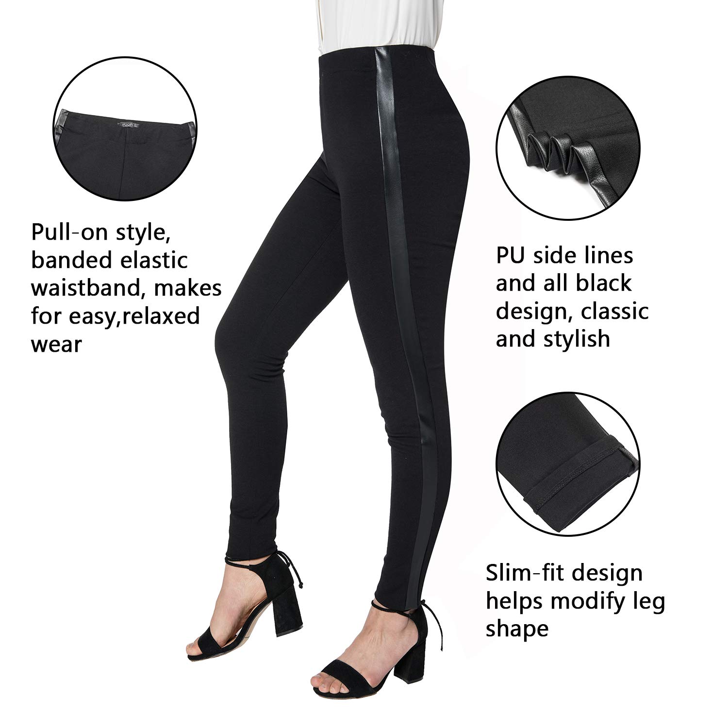 Women's Black Stretch Skinny Dress Pants with Leather Stripe - Professional Tuxedo Work Pants for Business Office & Casual Wear | Perfect for Meetings, Office Outfits & Smart Casual Occasions