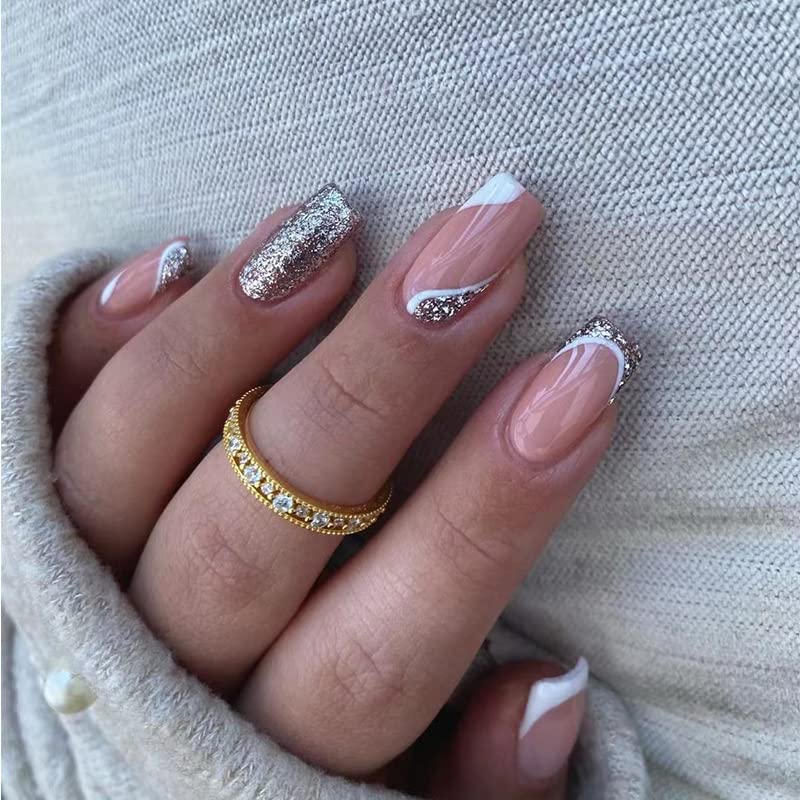6 Packs (144 Pcs) Press on Nails Medium False Nails - Almond & Square Full Cover Stick on Artificial Acrylic Fake Nails with Adhesive Tabs for DIY Manicure & Nail Art | Perfect for Parties, Weddings, Daily Wear & Special Occasions