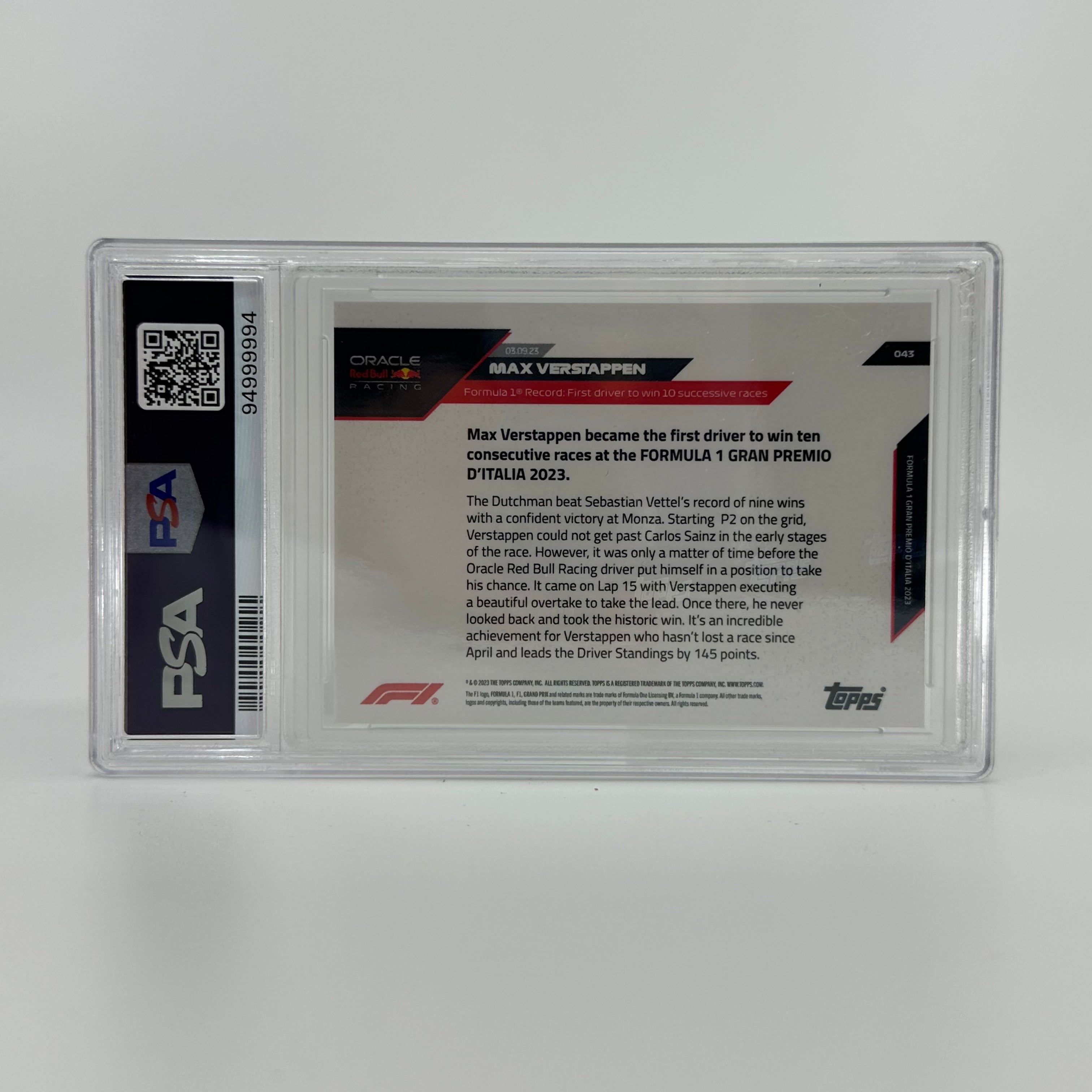 2023 Topps Now F1 Max Verstappen #43 PSA 9 Blue - Rare Collectible Trading Card for F1 Fans, Sports Memorabilia Enthusiasts & Investment Collectors - Perfect for Display, Gifts, and Portfolio Diversification