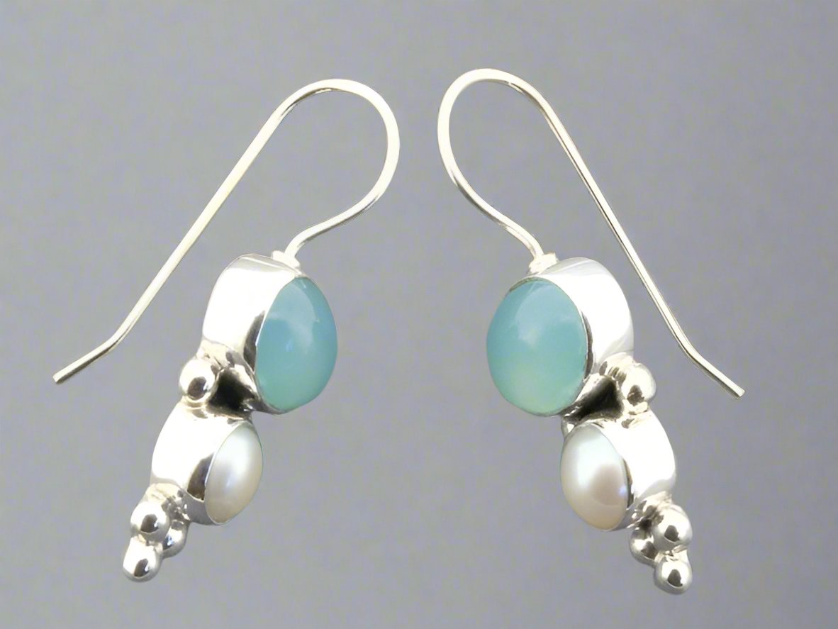 Blue Chalcedony & Pearl Drop Earrings in Sterling Silver - Elegant Dangle Jewelry for Women, Perfect for Weddings, Parties & Special Occasions
