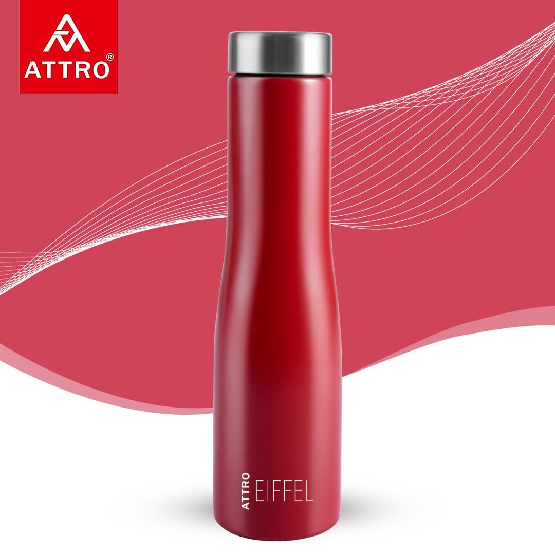 ATTRO Eiffel 1000ml Stainless Steel Water Bottle - BPA-Free, Leak Proof, Single Wall Design for School, Office, Gym & Outdoor Activities - Set of 2 Red Insulated Bottles for Hot & Cold Drinks