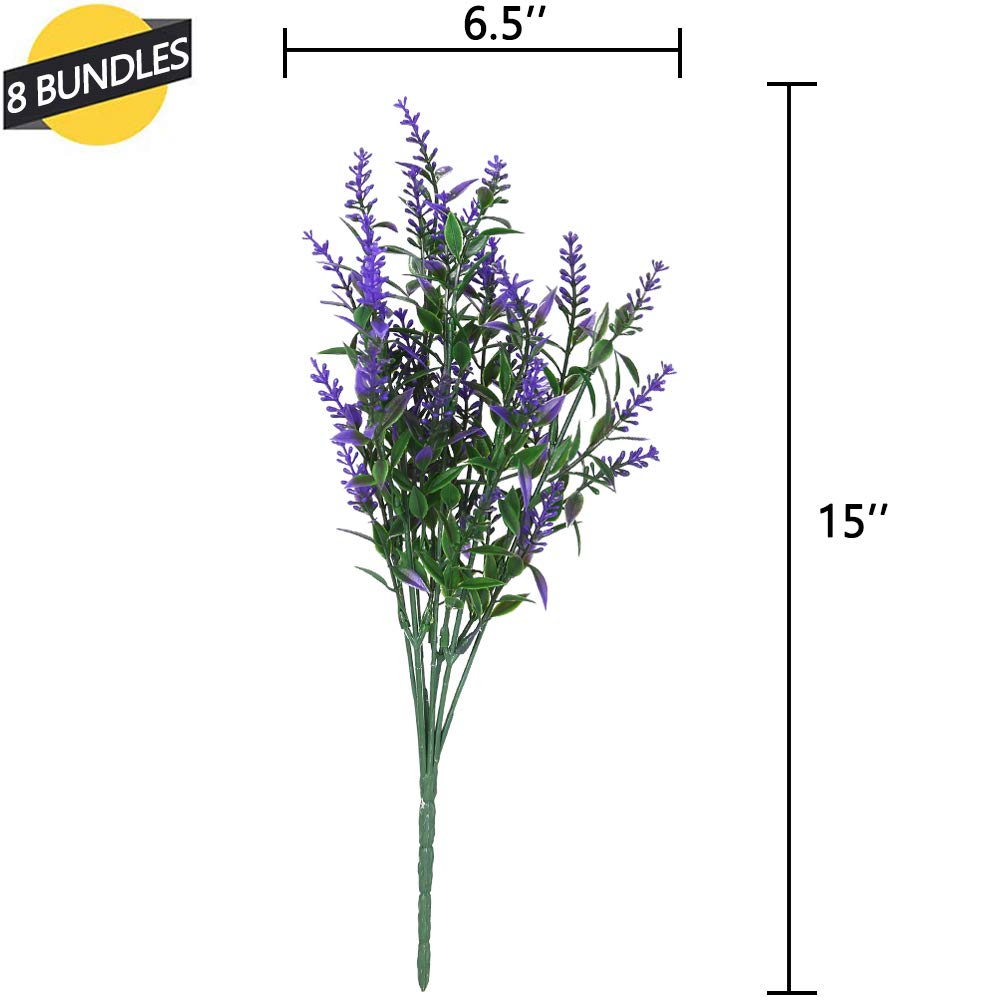 GREENRAIN 8 Pack Artificial Lavender Flowers - UV Resistant Faux Plastic Plants for Outdoor Garden, Porch & Window Box Decor - No Fade Purple Fake Flowers - Perfect for Home, Wedding & Party Decoration