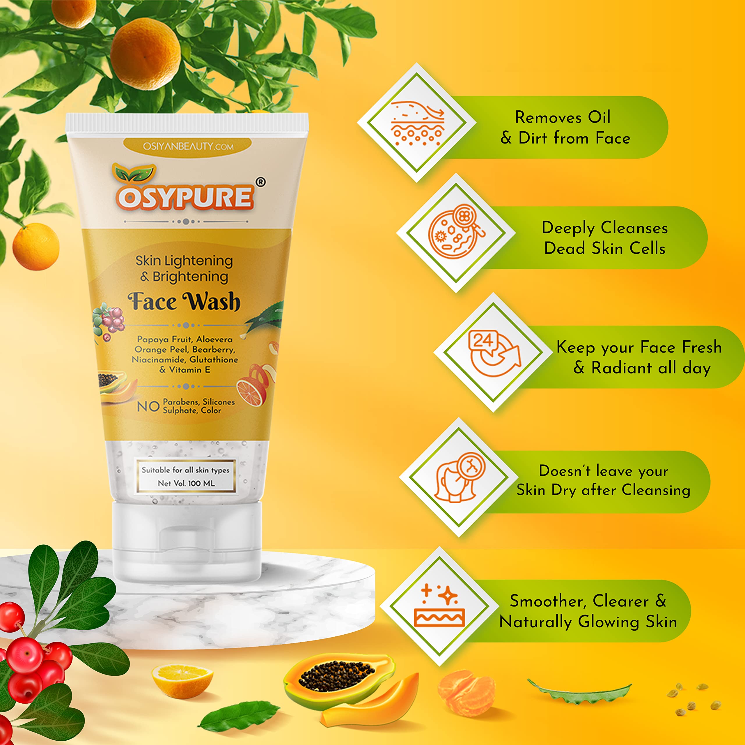 Osypure Skin Lightening & Brightening Face Wash for Glowing Complexion - Gentle Cleanser for Dark Spots, Hyperpigmentation & Uneven Skin Tone - Perfect for Daily Skincare Routine & Radiant Skin