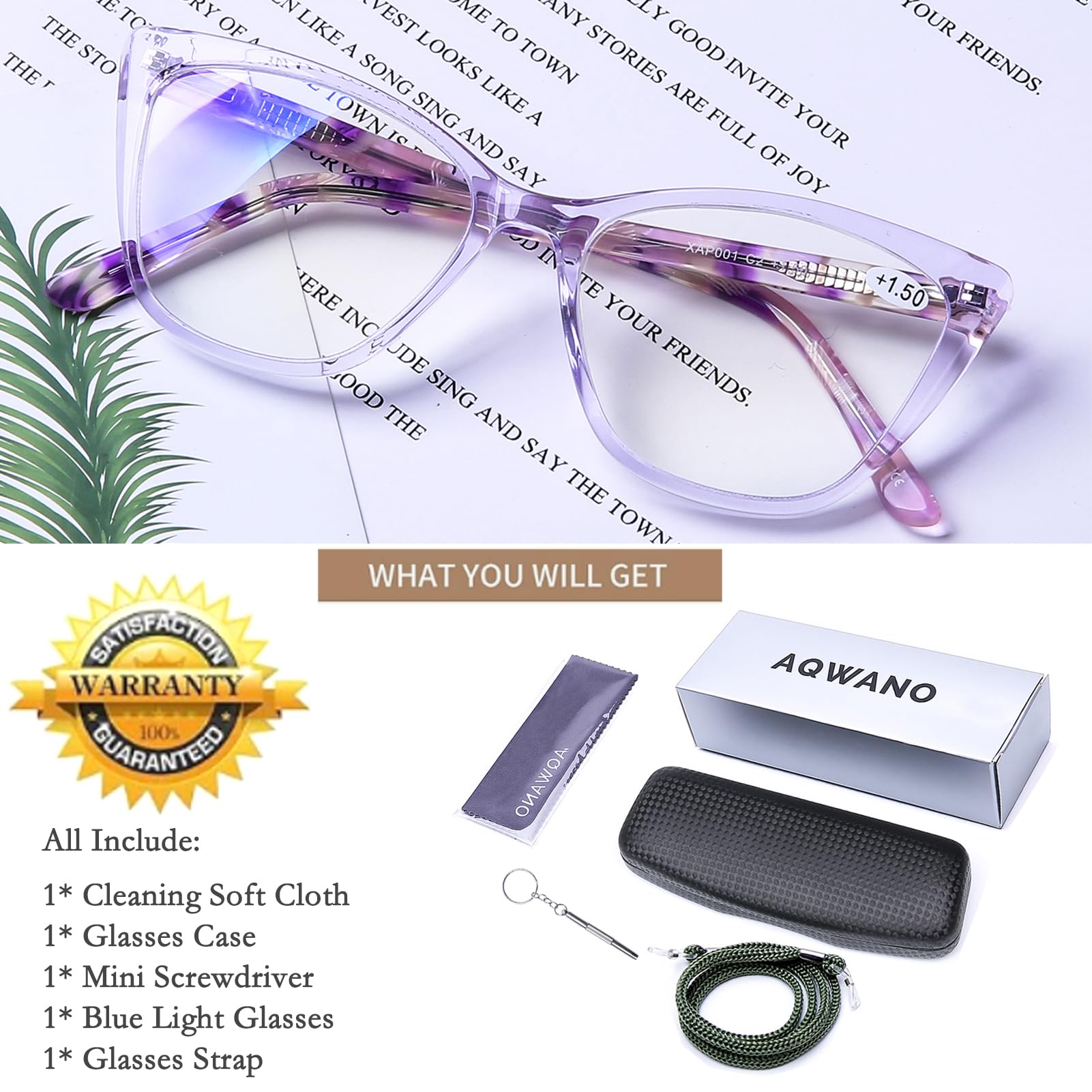 AQWANO Stylish Cat Eye Computer Reading Glasses for Women - Oversized Designer Blue Light Blocking Eyeglasses with Anti-UV400 Protection (Purple, +3.0) - Perfect for Office Work, Online Classes & Digital Eye Strain Relief