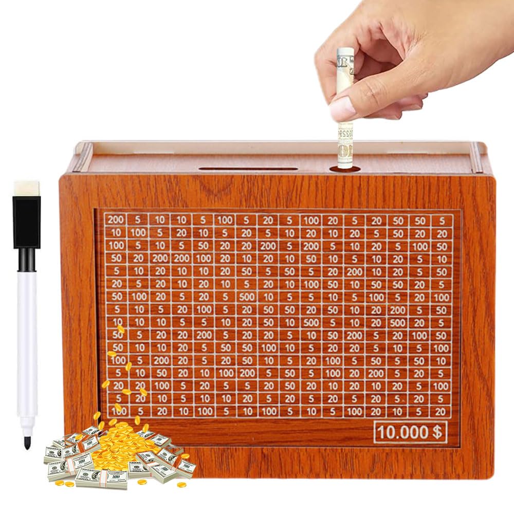 10000 Savings Challenge Wooden Cash Vault Box - Money Saver with Target Numbers & Lock | Perfect for Budgeting, Piggy Bank Alternative, and Financial Goal Tracking