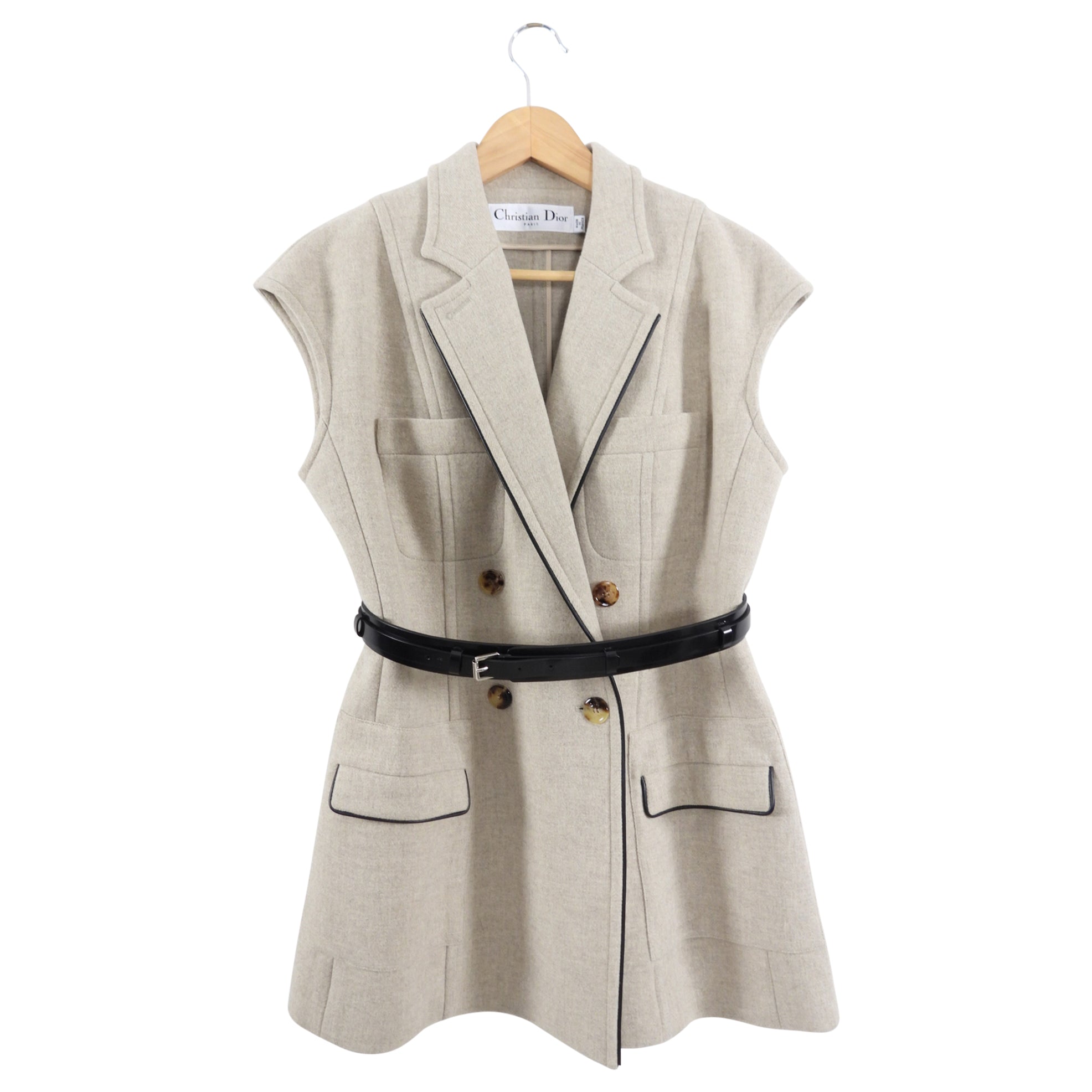 Christian Dior Beige & Black Leather Belted Sleeveless Vest Jacket Women's Size FR40 (US 8) - Perfect for Office Wear & Evening Outfits