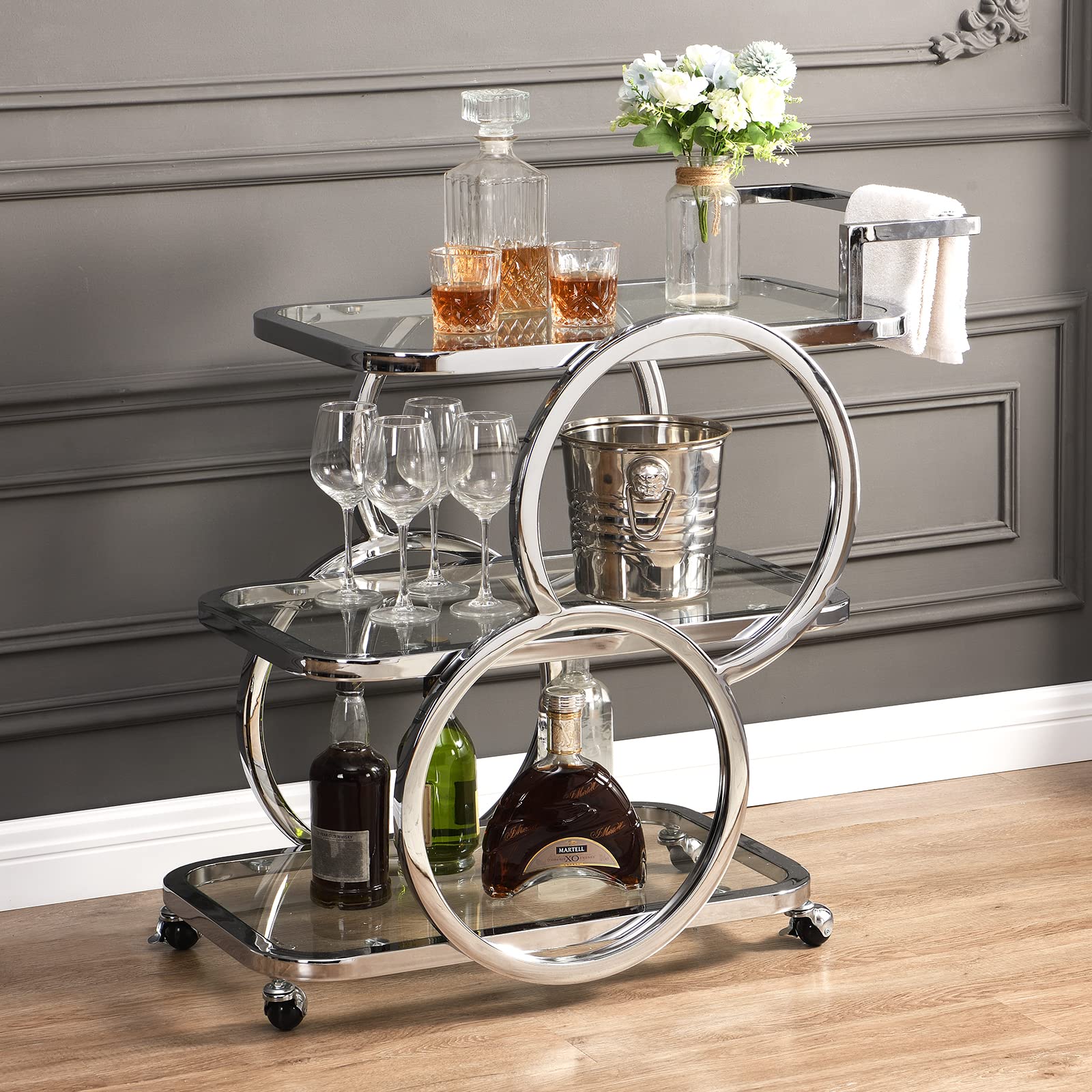 3-Tier Rolling Bar Cart with Wheels - Chrome Mobile Kitchen Serving Cart for Home, Dining Room & Living Room - Perfect for Parties, Entertaining & Beverage Storage