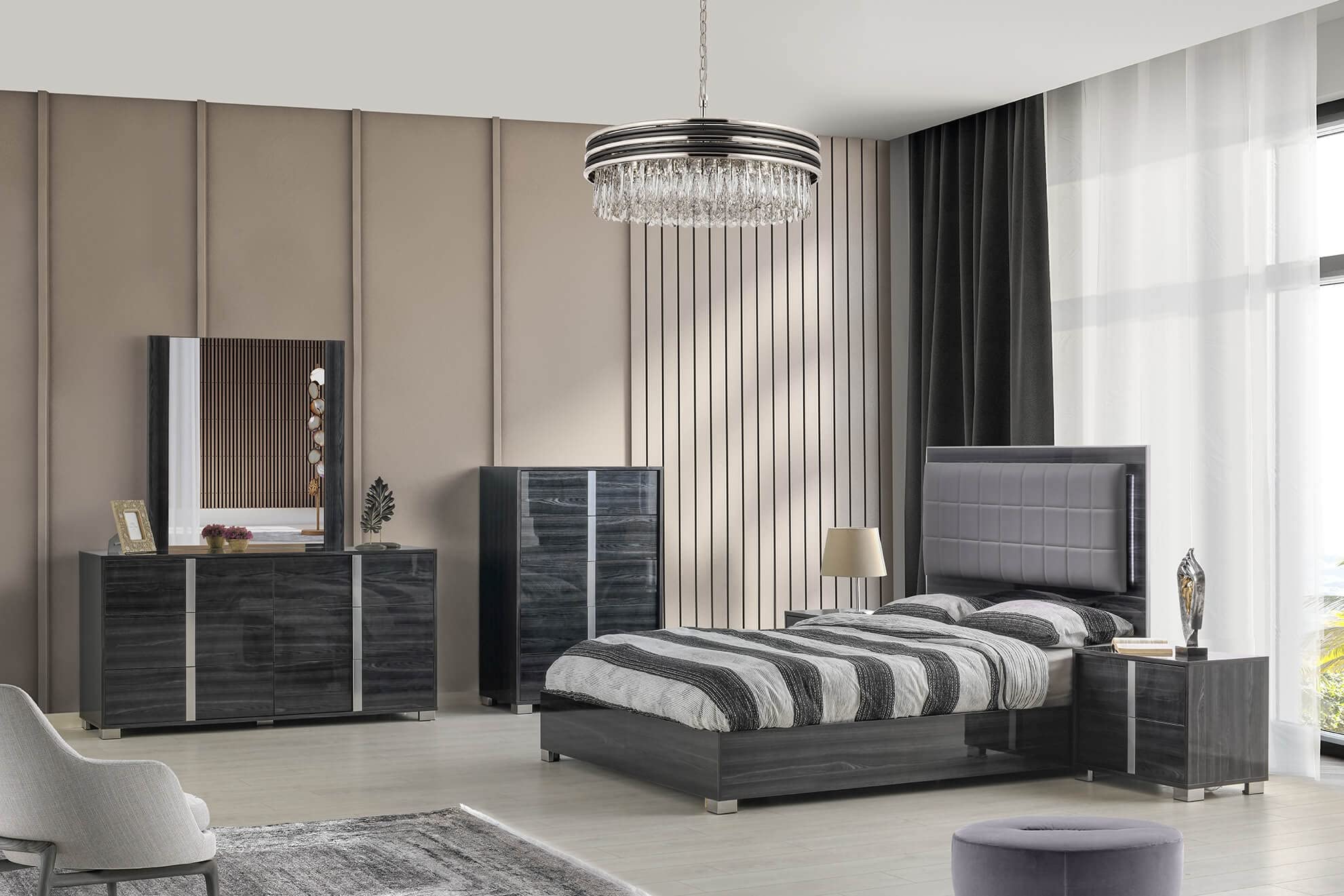 Roma Bonded Leather LED Platform Bedroom Set - King Size Bed with 2 Nightstands, Dresser & Mirror in Tiger Gray | Modern Luxury Bedroom Furniture for Master Suite & Guest Room