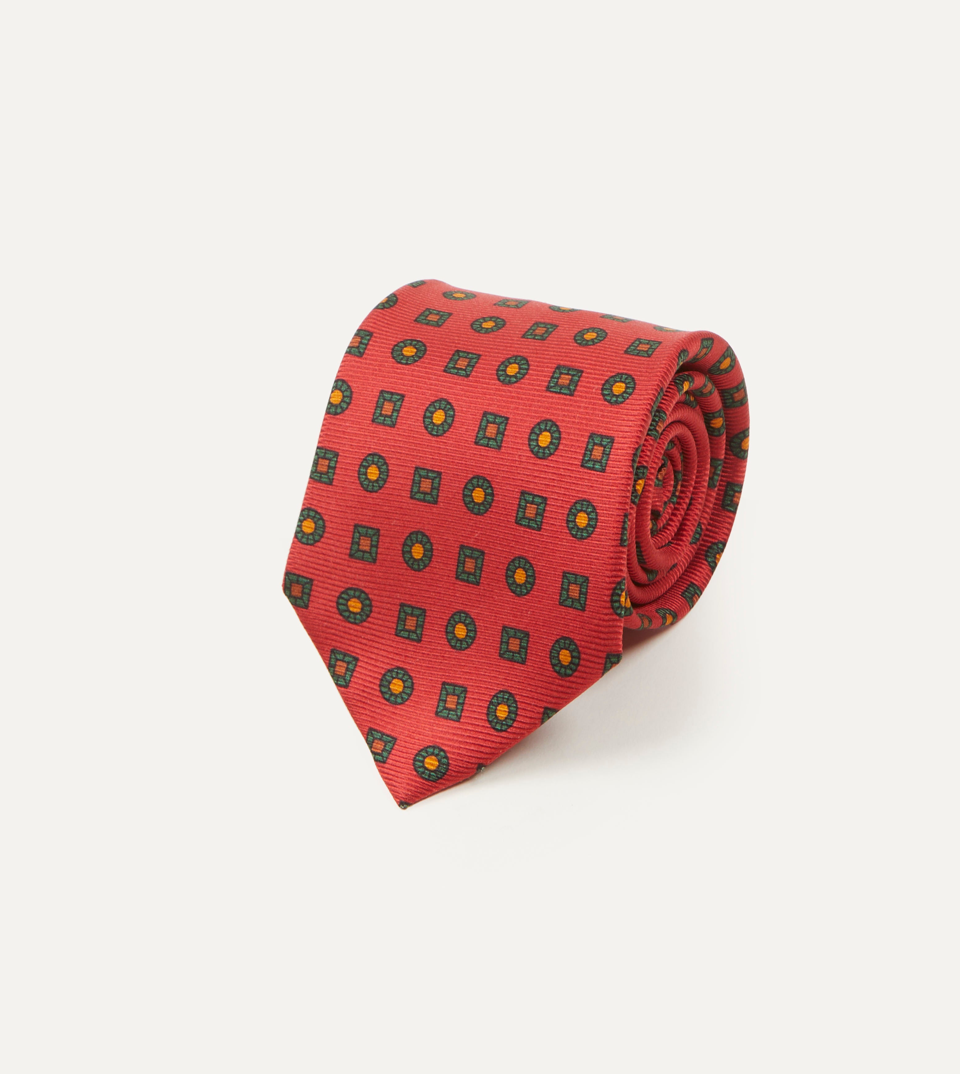 Elegant Red and Green Geometric Medallion Print Silk Tie for Men - Perfect for Weddings, Business Meetings & Formal Events