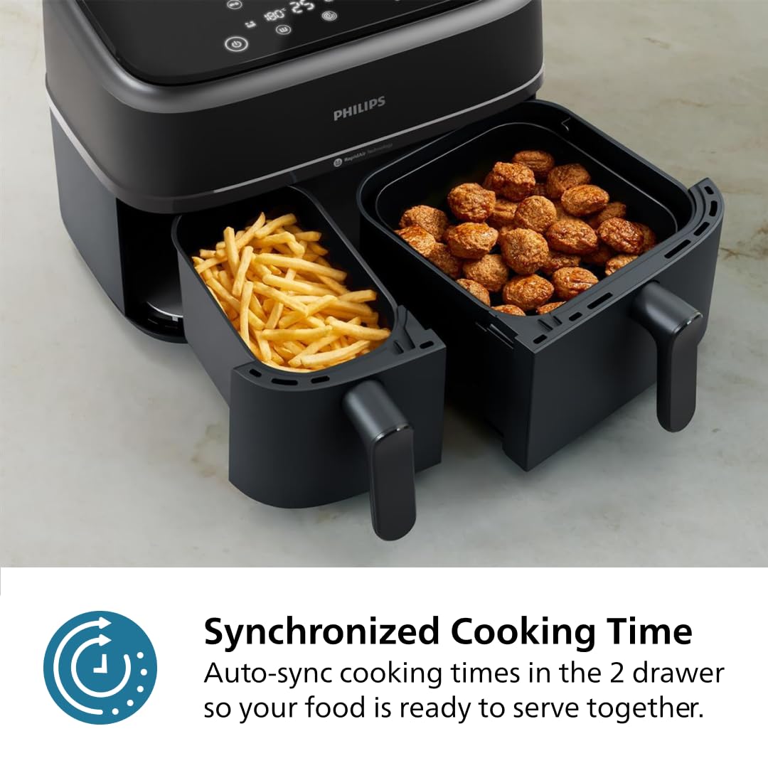 Philips Dual Basket Air Fryer 3000 Series - 8-in-1 Functions, 9.5 Quart Capacity, 2 Drawers with Auto-Sync Cooking | 90% Less Fat, Rapid Air Technology | HomeID Recipe App, Dishwasher Safe | Perfect for Family Meals, Healthy Snacks & Party Cooking (Black, Model NA350/00)