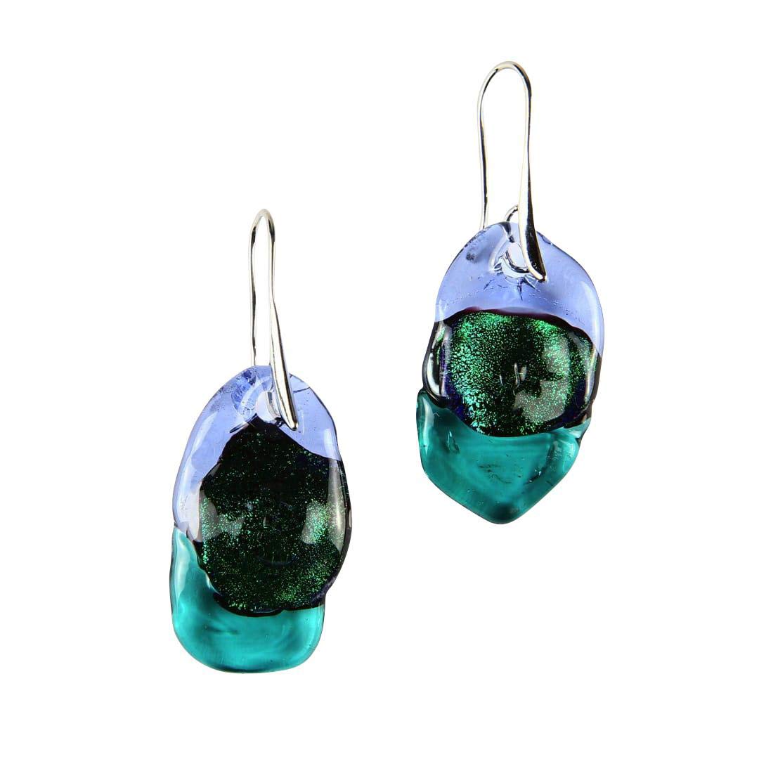 Original Murano Glass Earrings - Tricolor Molten Glass in Green & Violet - Handcrafted Italian Jewelry for Women - Perfect for Weddings, Parties & Special Occasions
