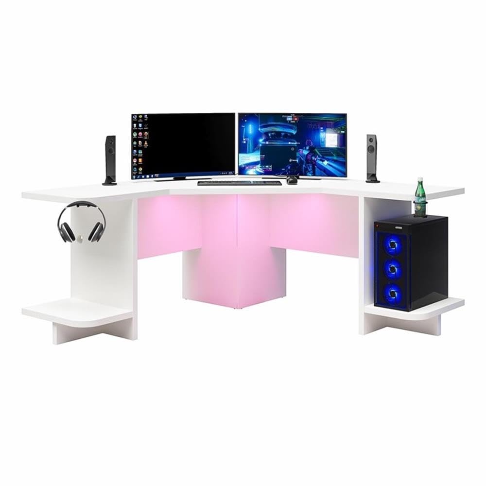 NTENSE Mod Corner Gaming Desk with RGB LED Light Kit - Ergonomic White Computer Desk for PC & Console Gamers - Perfect for Small Spaces & Gaming Setups
