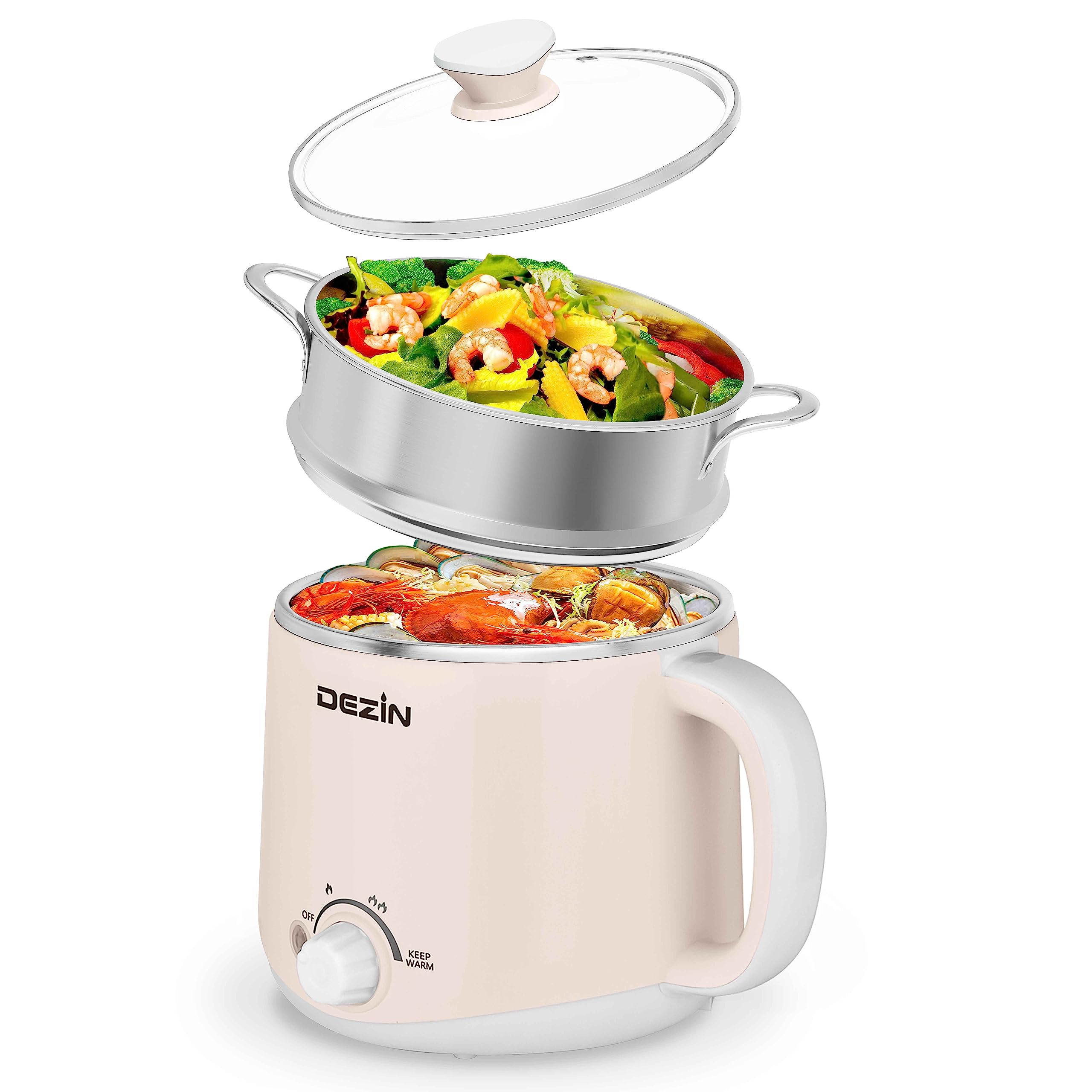 Dezin Electric Hot Pot with Steamer - 1.6L Stainless Steel Multi-Cooker for Ramen, Eggs, Dumplings & Soup | Fast Noodle Cooker with Adjustable Temp & Keep Warm | Perfect for Dorm, Office, Camping & Small Kitchens