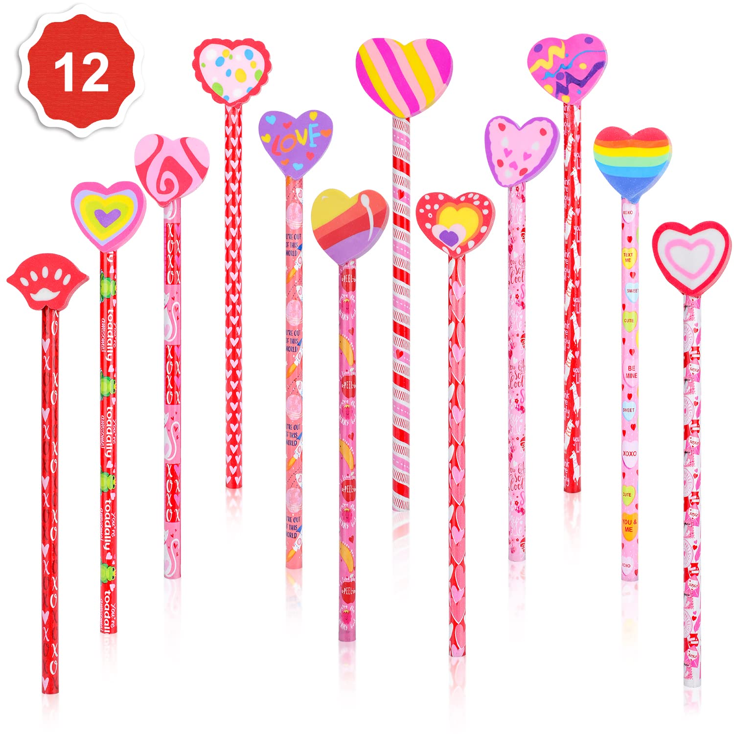 Konsait Valentine's Day Pencils Set - 12 Pack with Giant Heart & Lips Eraser Toppers for School Party Favors, Goodie Bag Fillers & Teacher Gifts | Perfect for Valentine's Day Celebrations, Classroom Rewards & Holiday Gift Exchanges